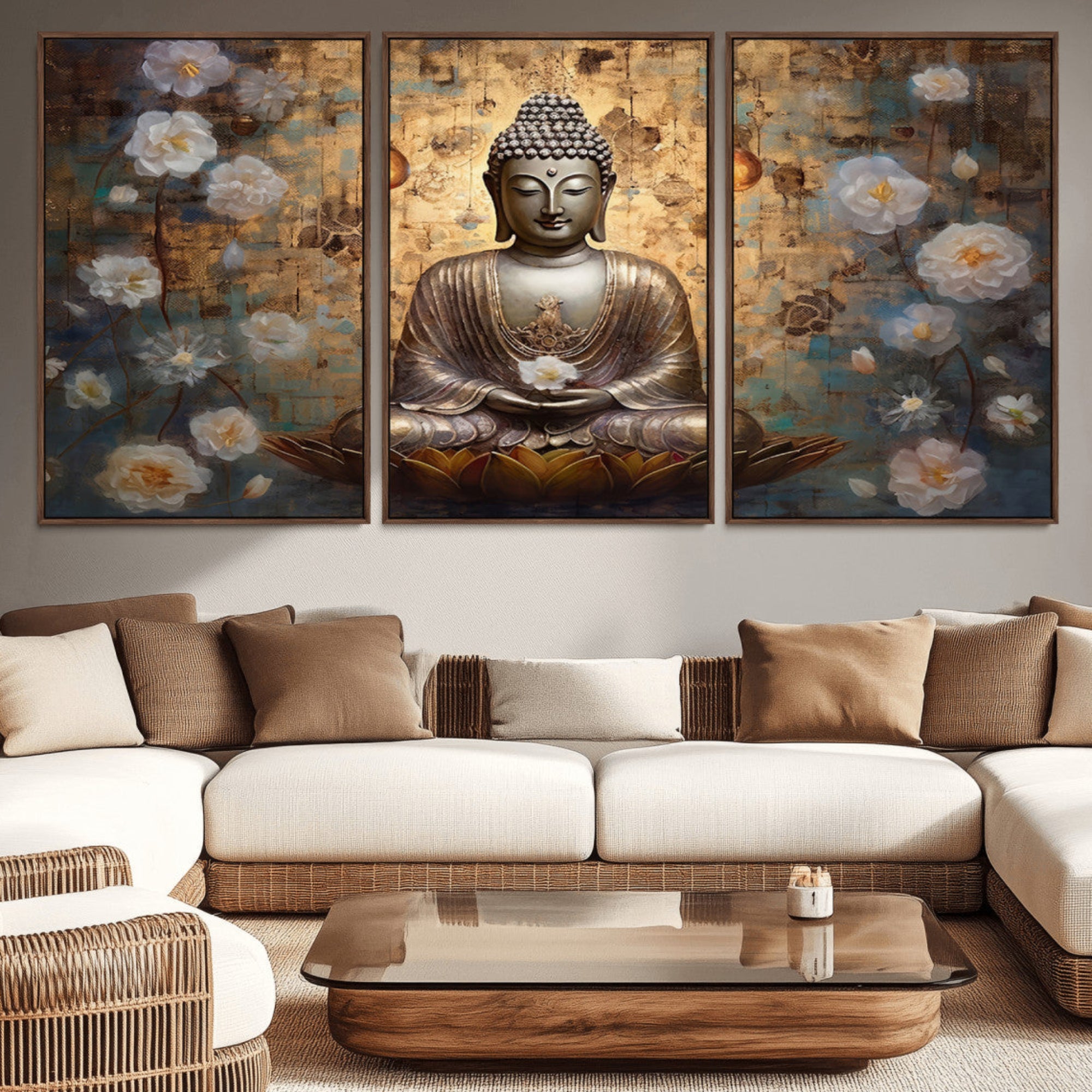 Golden Buddha Wall Art | Zen Meditation Floral Canvas Print