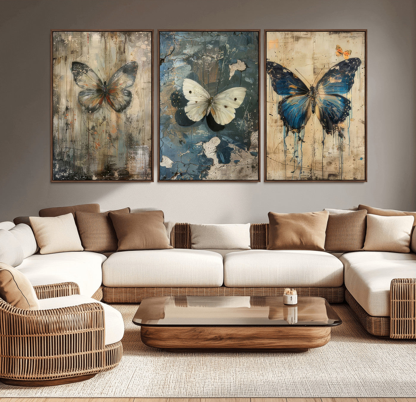 MGV-FC-60X30-3P - Butterfly Wall Art Trio | Vintage Butterfly Canvas Print | Ready to Hang Framed Artwork for