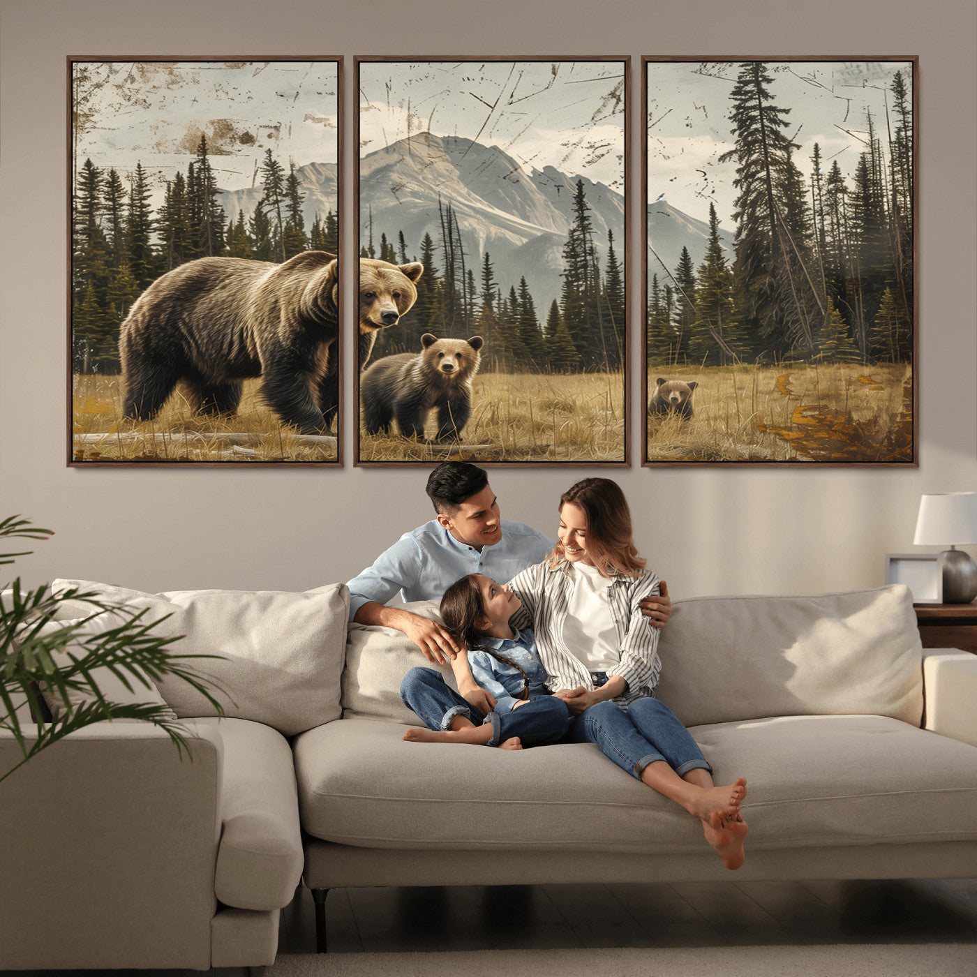 MGV-FC-60X30-3P - Rustic Grizzly 399 Bear Family Wall Art Canvas Print