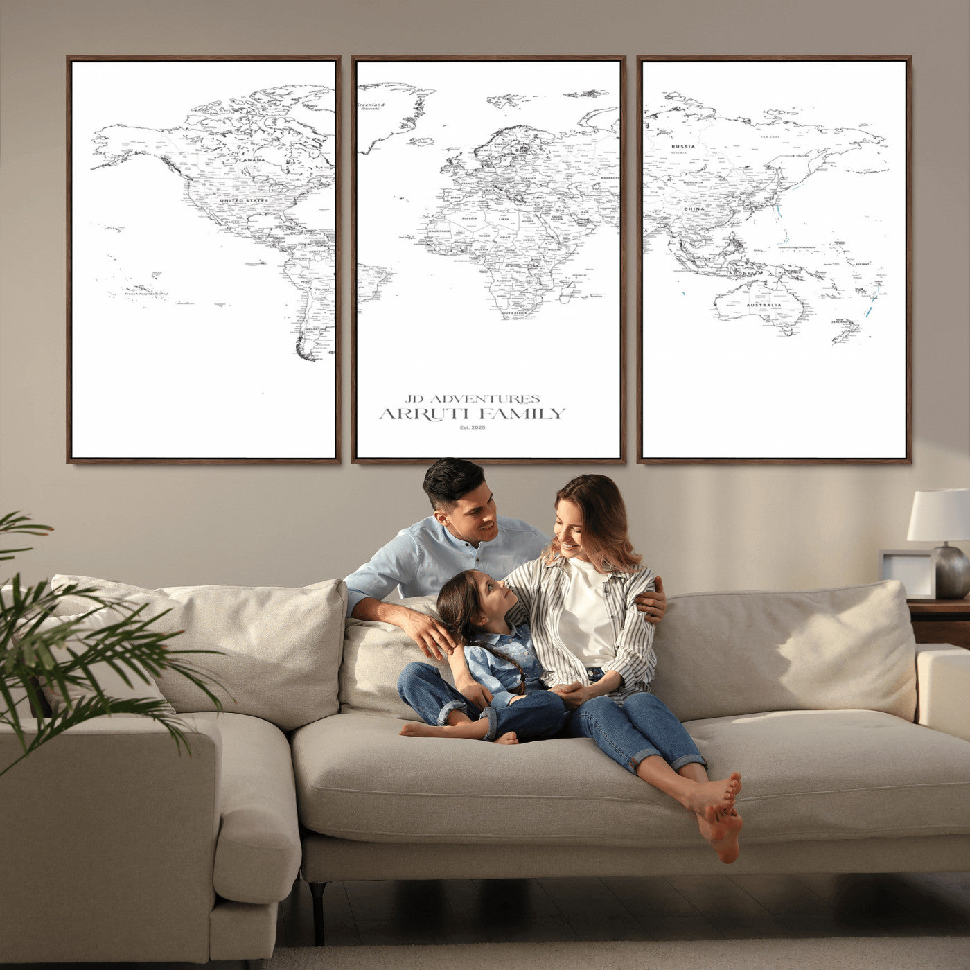 MGV-FC-60X30-3P - Custom World Map Wall Art – Personalized Framed Canvas Print with Push Pins for Travel Tracking,