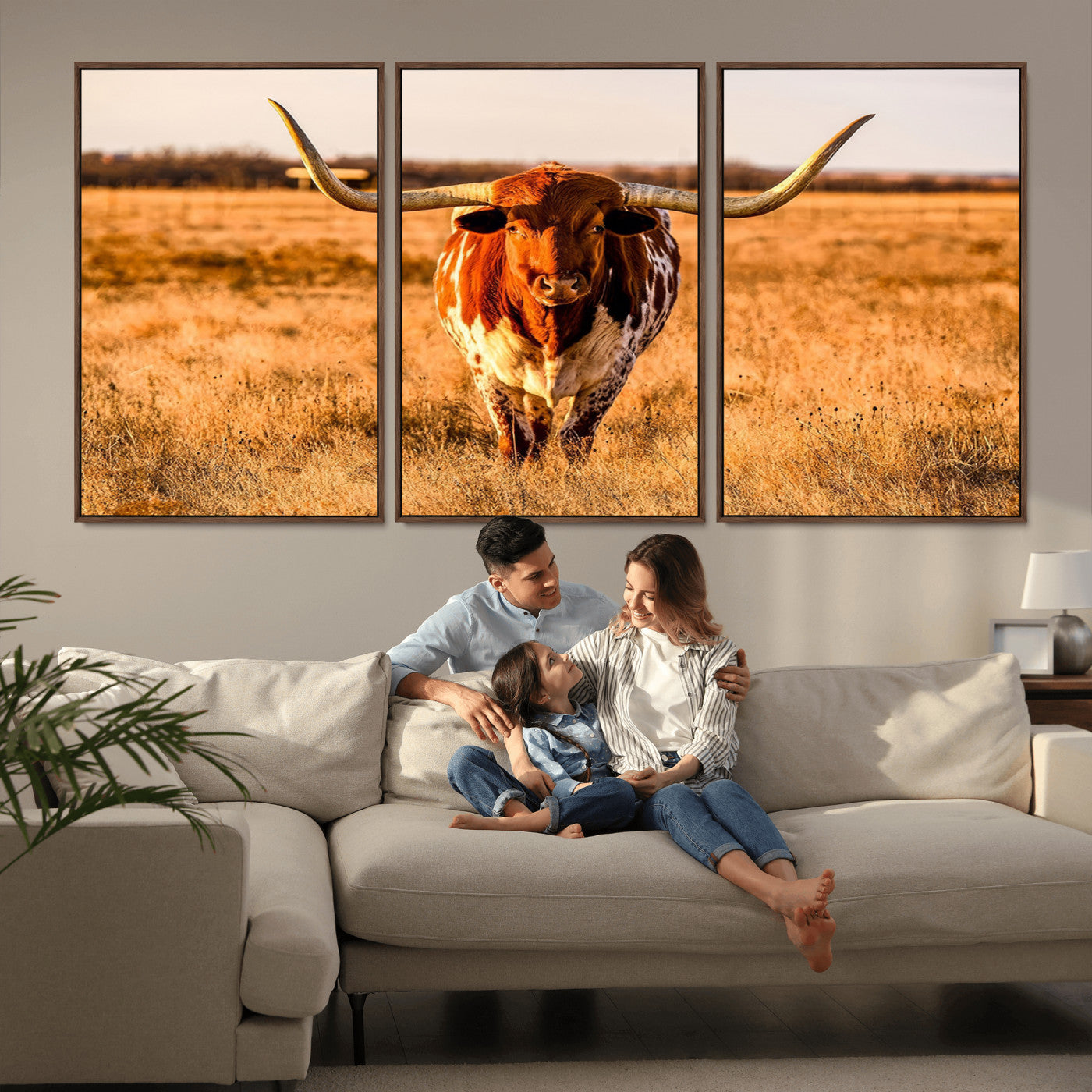 MGV-FC-60X30-3P - Longhorn Cow Wall Art | Ready to Hang Framed Canvas Print for Farmhouse and Barn Decor