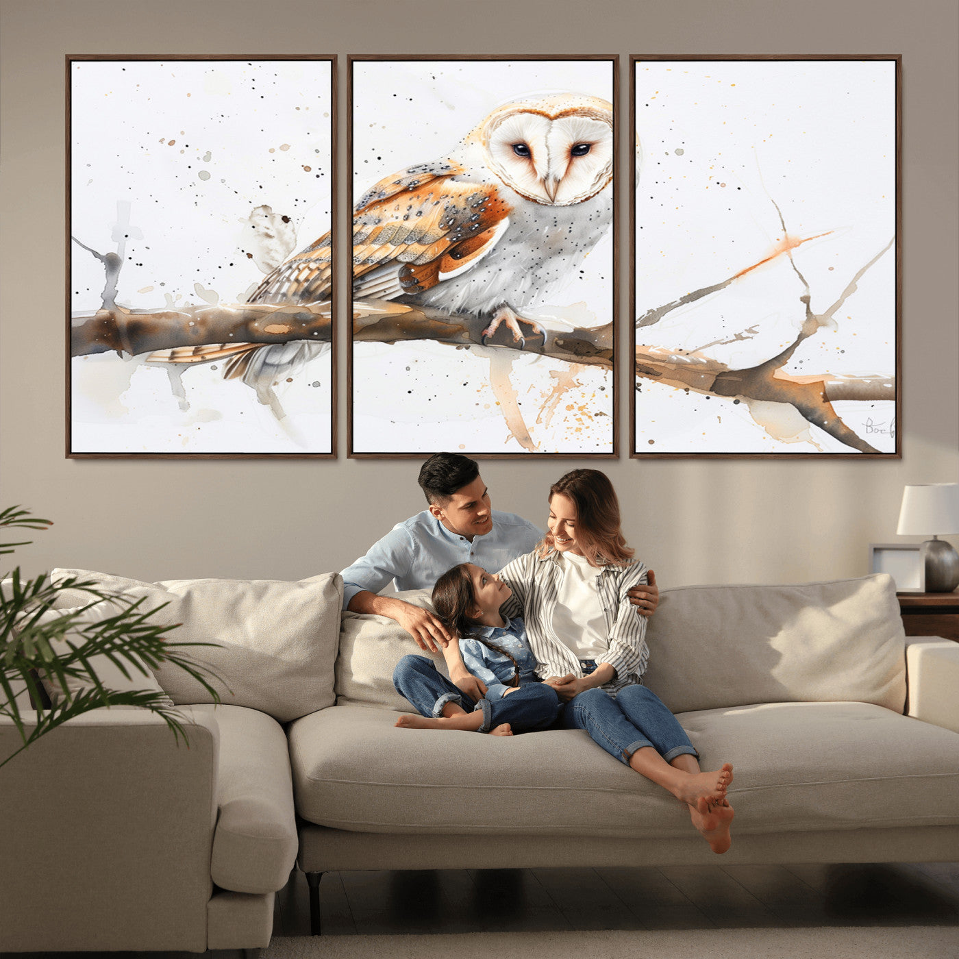 MGV-FC-60X30-3P - Barn Owl Wall Art on Branch | Stunning Canvas Print for Nature Lovers | Ready to Hang and Framed