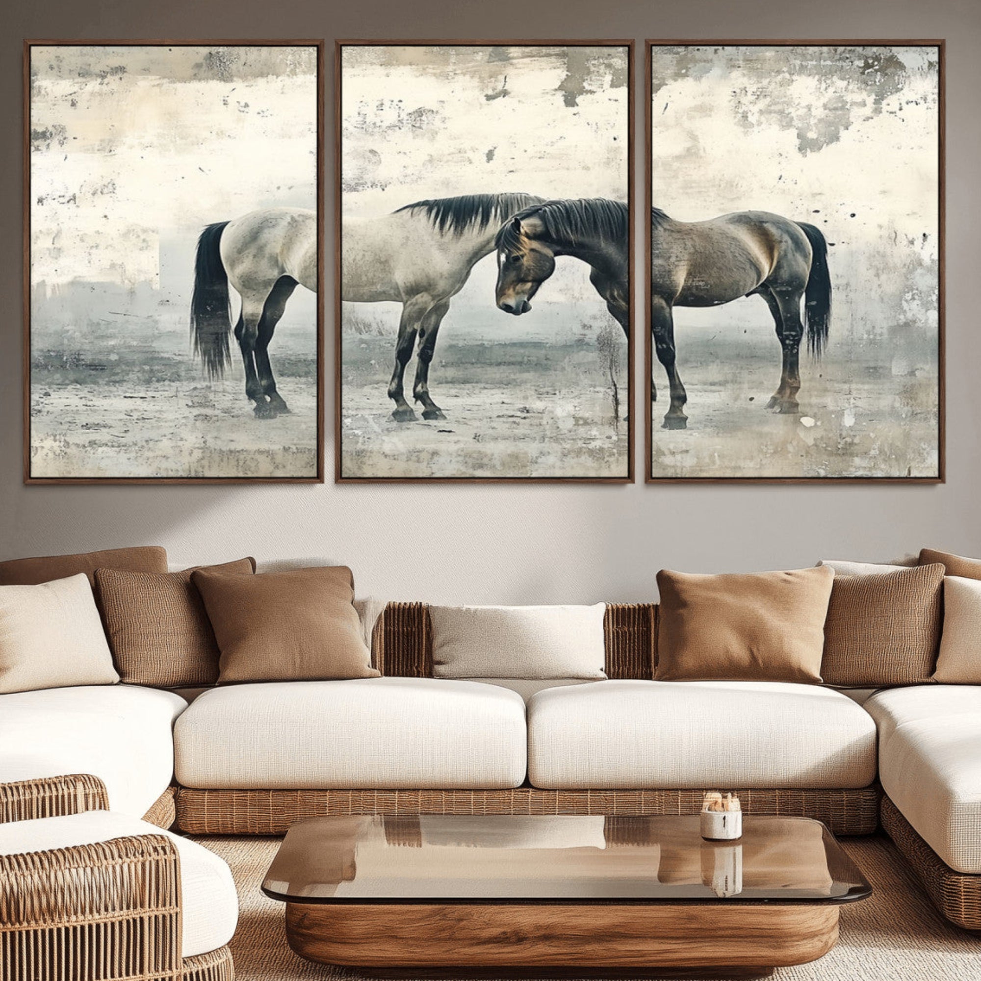 33288-MGV-CV-36X24-Chines Style Majestic Horses Wall Art | Ready to Hang and Framed Triptych Print | Western Farmhouse