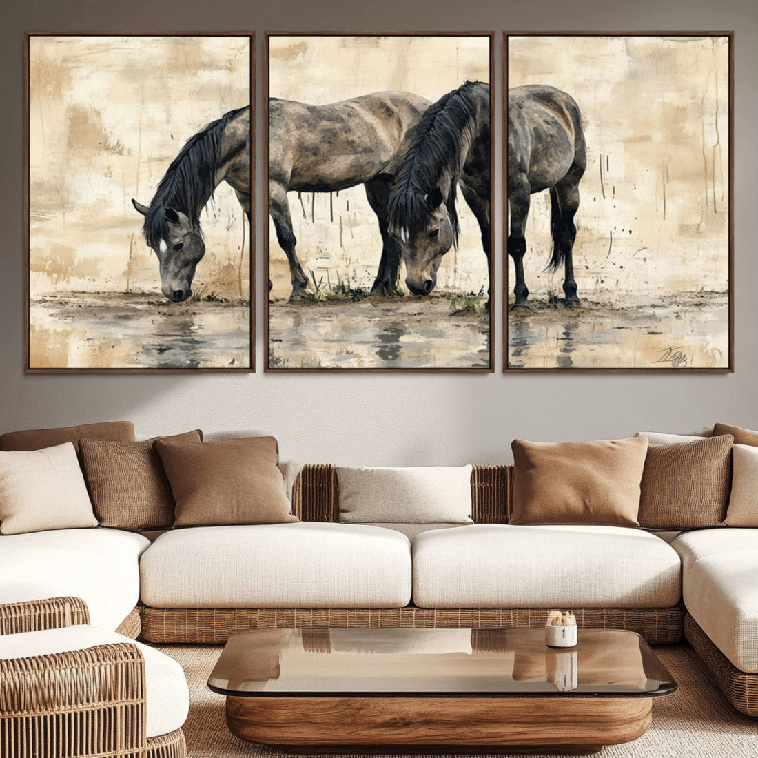 Chinese Style Abstract Black Horses Wall Art Canvas Print
