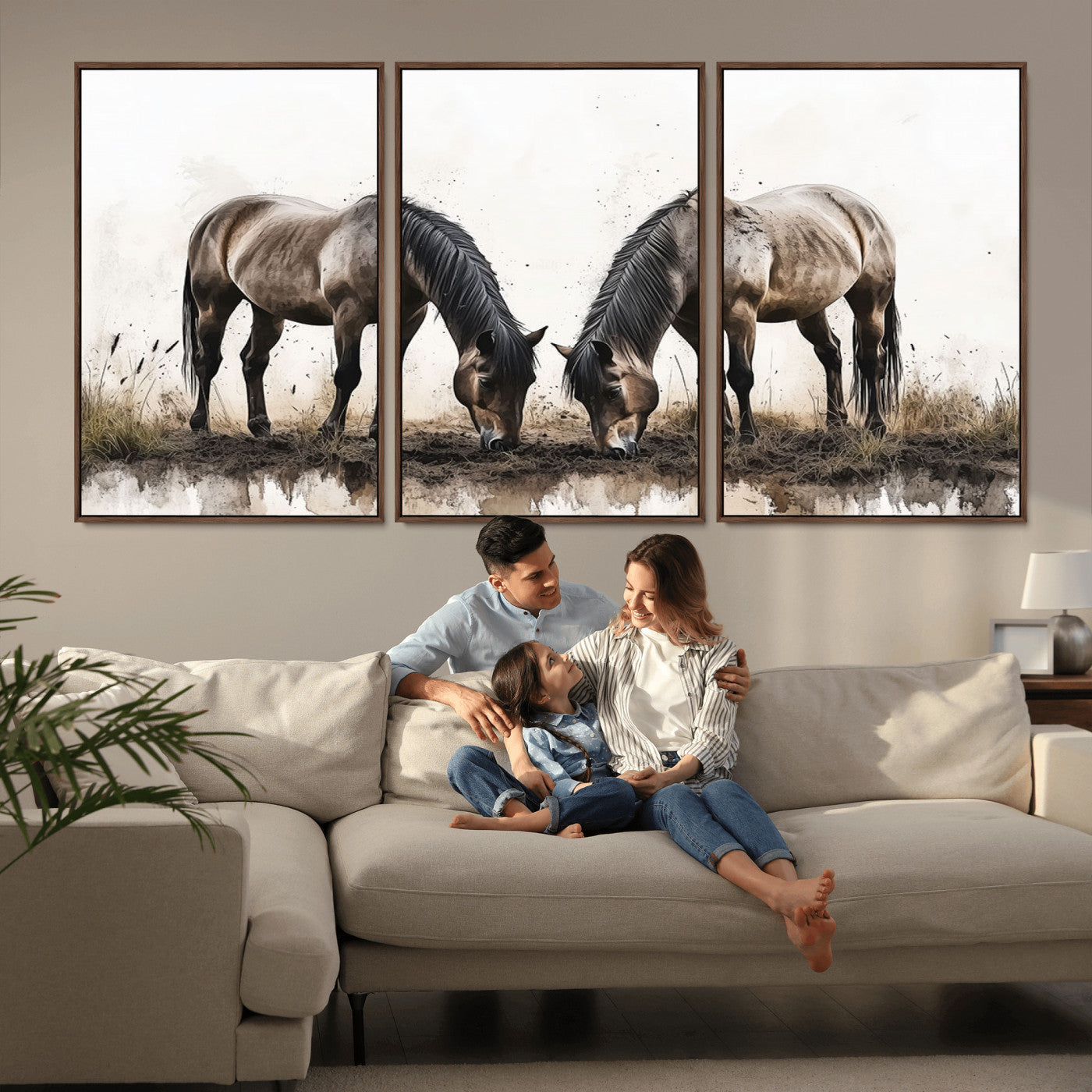 71729-MGV-FC-60X30-3P_Walnut-Chines Ink Style Horses Wall Art Canvas Print