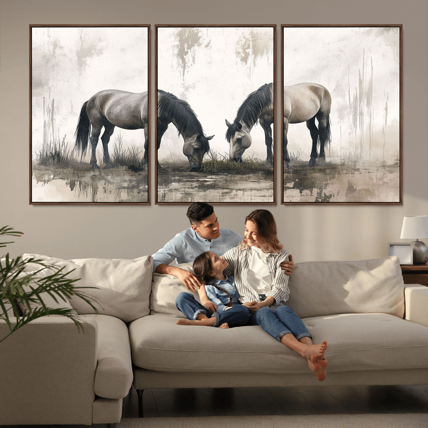 35494-MGV-FC-60X30-3P_Walnut-Chines Ink Style Vintage Horses Wall Art Canvas Print for Farmhouse Wall Decor