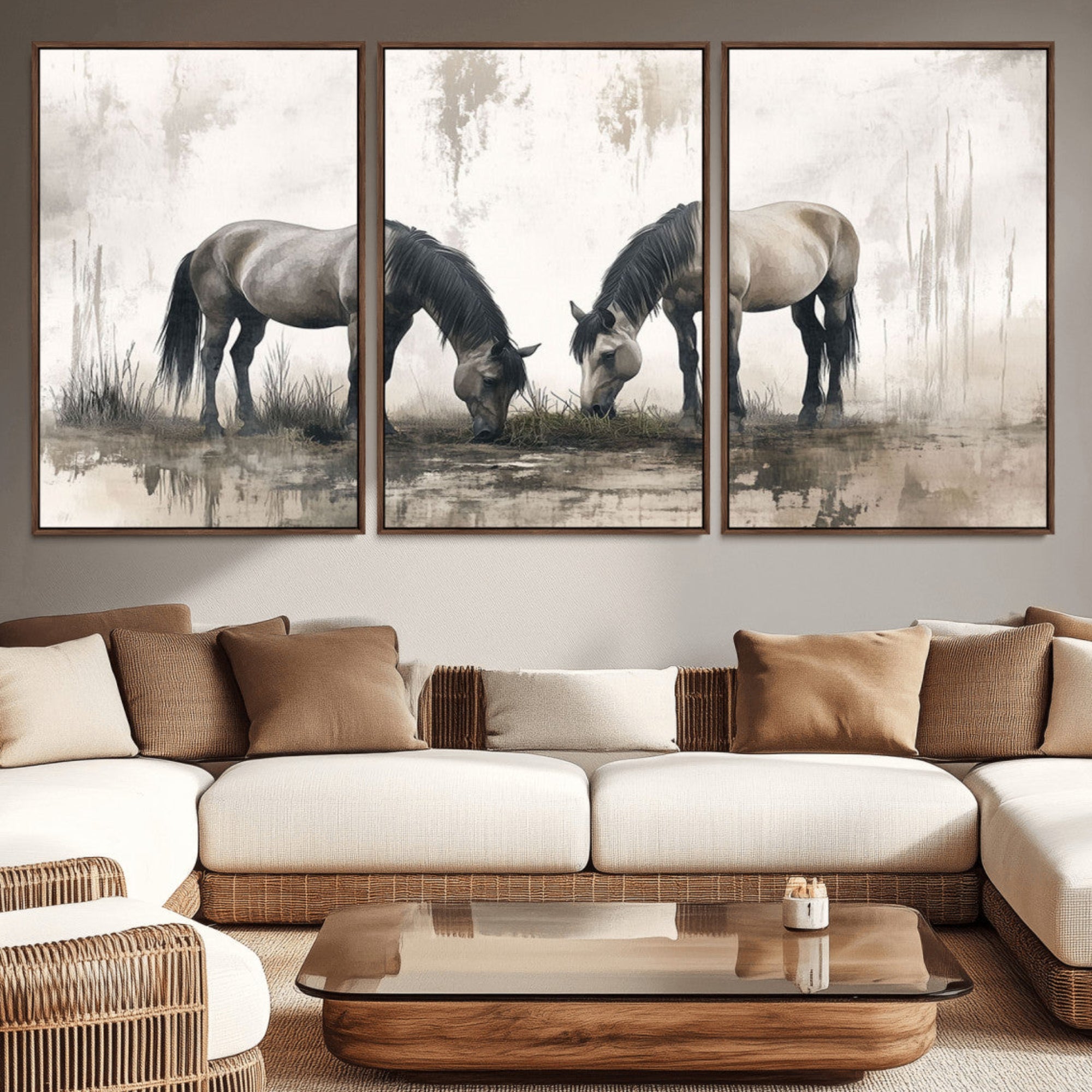 35494-MGV-CV-36X24-Chines Ink Style Vintage Horses Wall Art Canvas Print for Farmhouse Wall Decor
