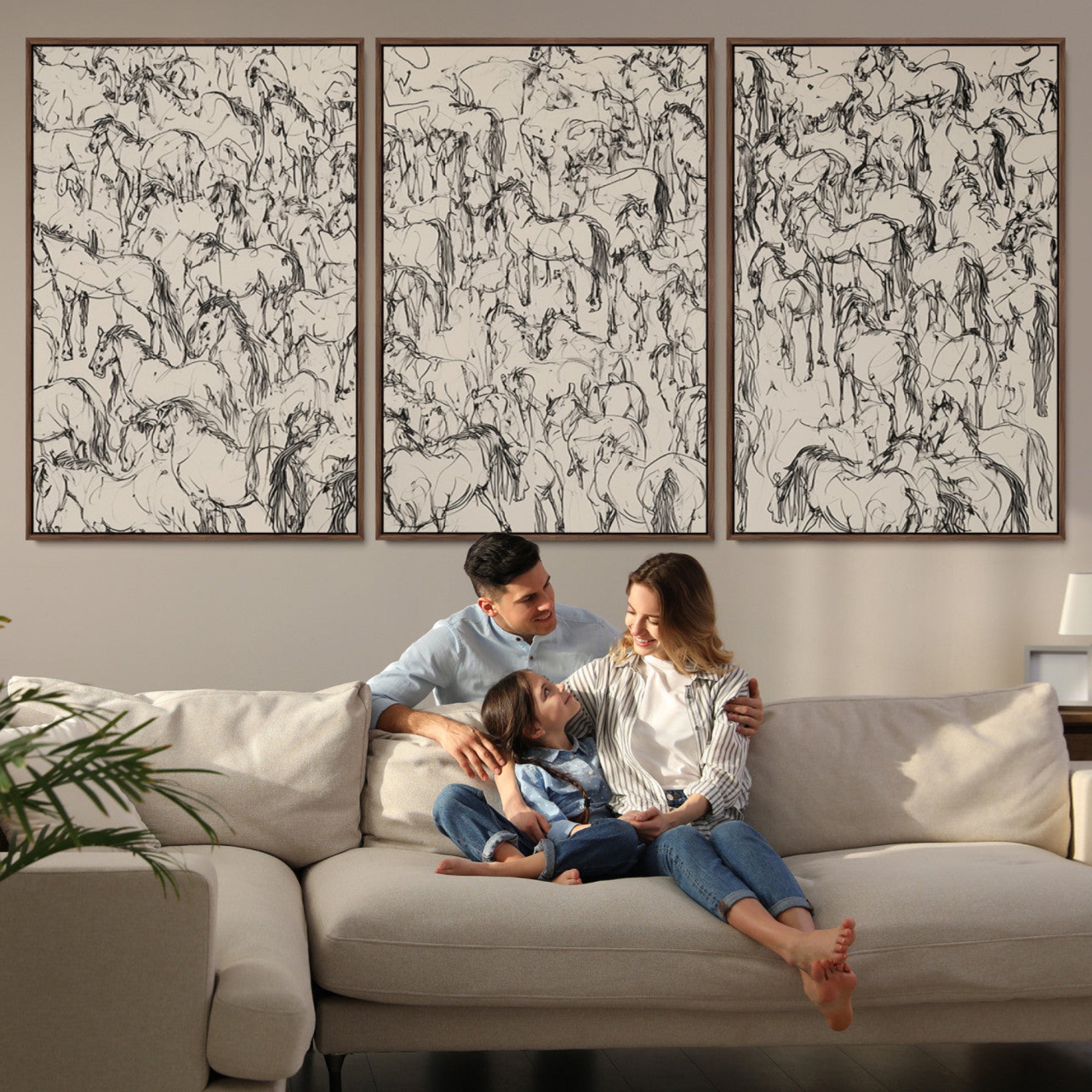 25718-MGV-CV-36X24-Abstract Horse Sketch Wall Art | Ready to Hang and Framed | Farmhouse Wall Decor for Living Room or