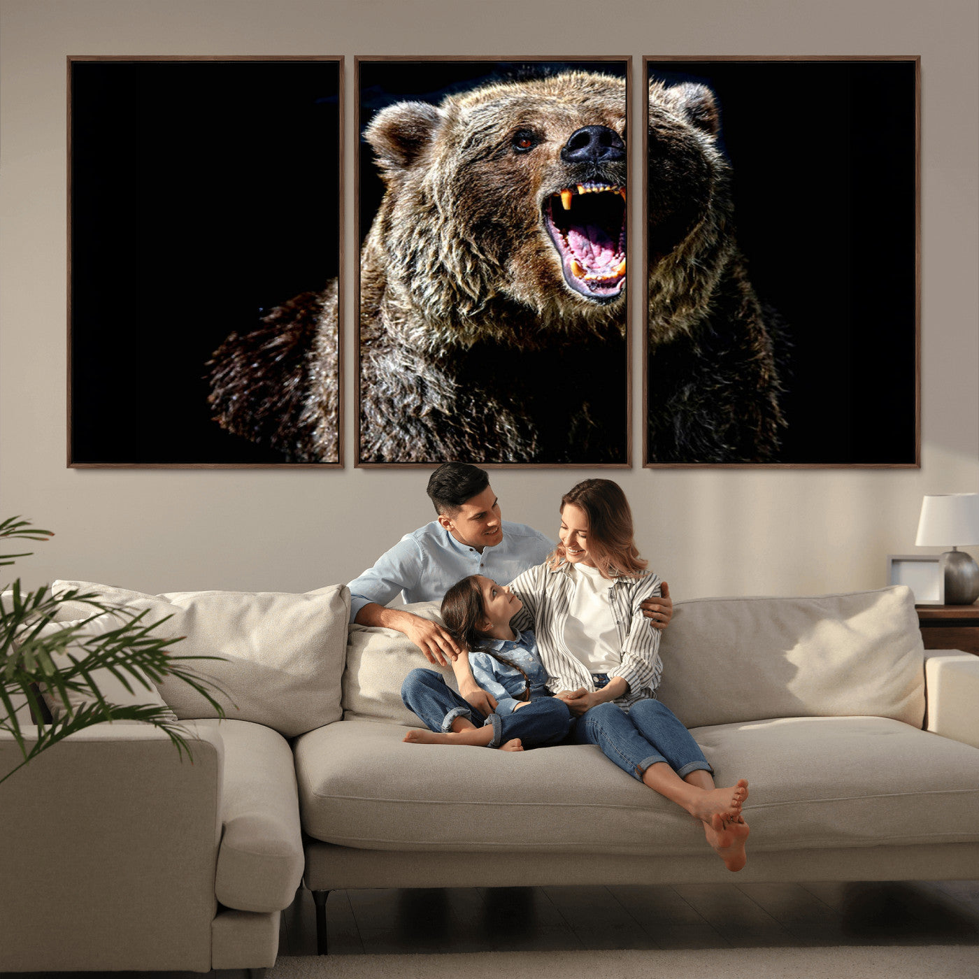 17625-MGV-FC-60X30-3P_Walnut-Grizzly Bear Canvas Print | Wildlife Wall Art for Cabin Decor | Ready to Hang Framed