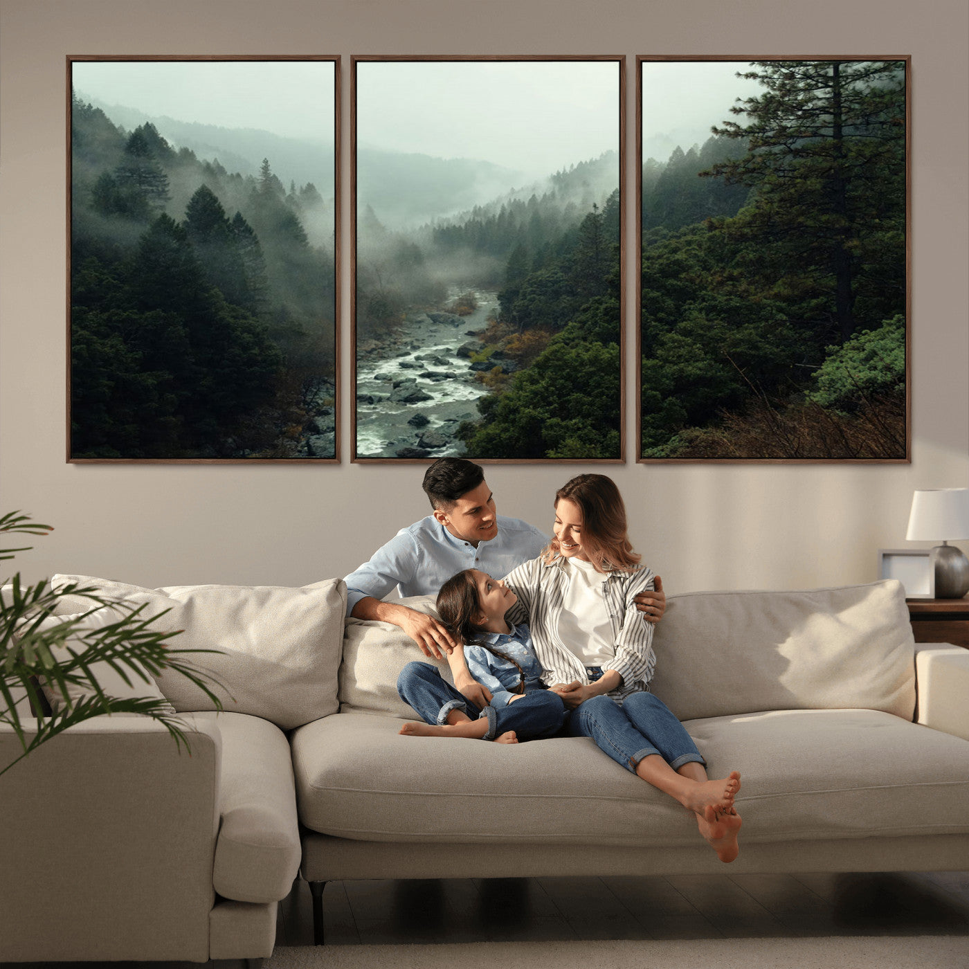 MGV-FC-60X30-3P - Misty Forest Wall Art | Ready to Hang and Framed | Tranquil Nature Landscape for Living Room or
