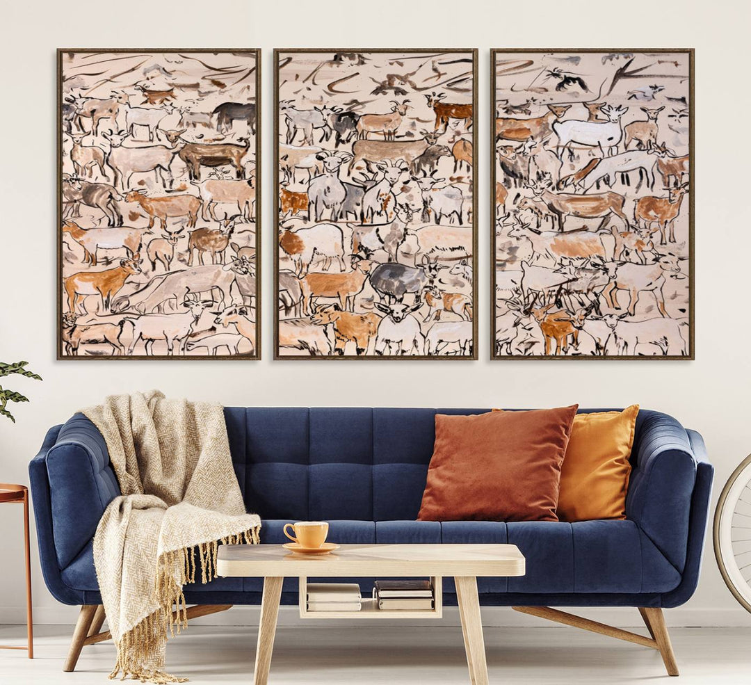 Framed Goat Herd Wall Art in minimal brush strokes on a beige backdrop, ideal for farmhouse or cabin decor.