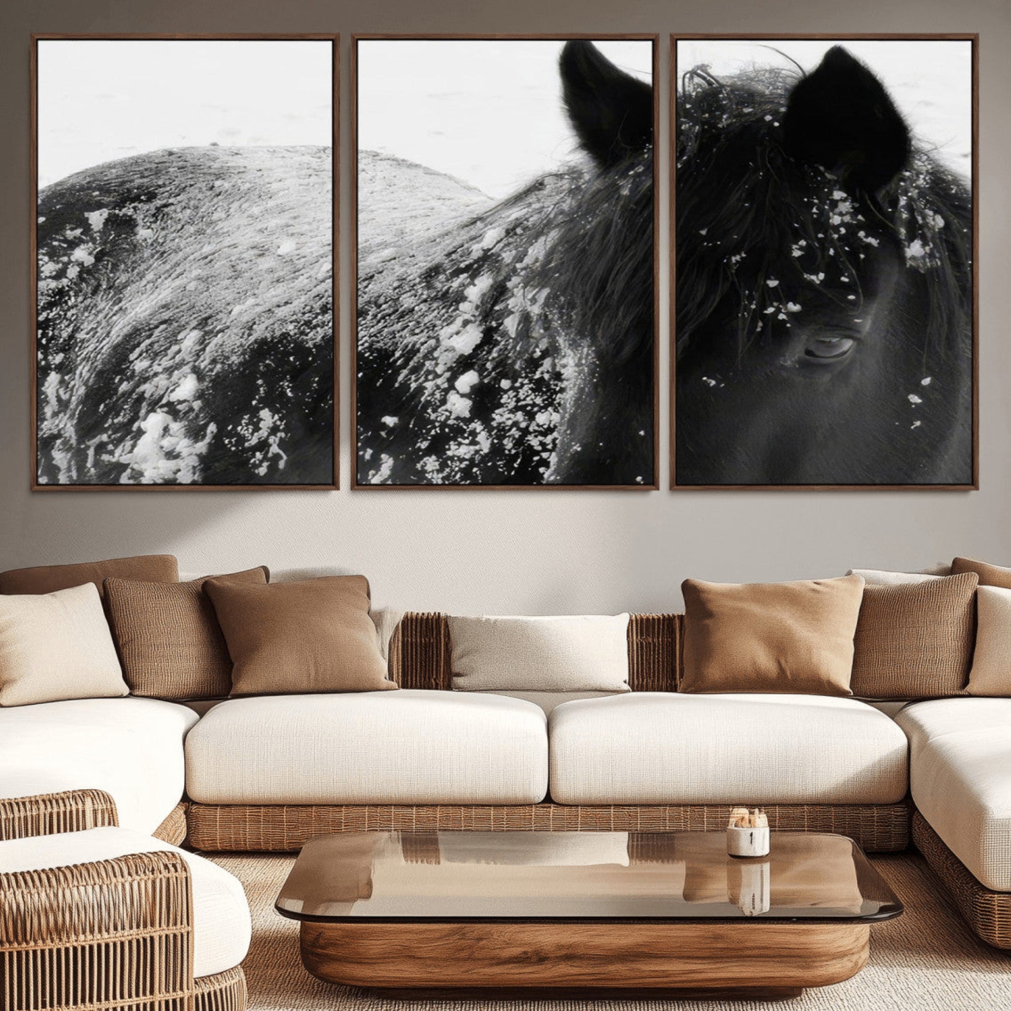 52886-MGV-CV-36X24-Black Horse in Snow Canvas Print | Winter Horse Wall Art | Ready to Hang and Framed | Farmhouse Wall