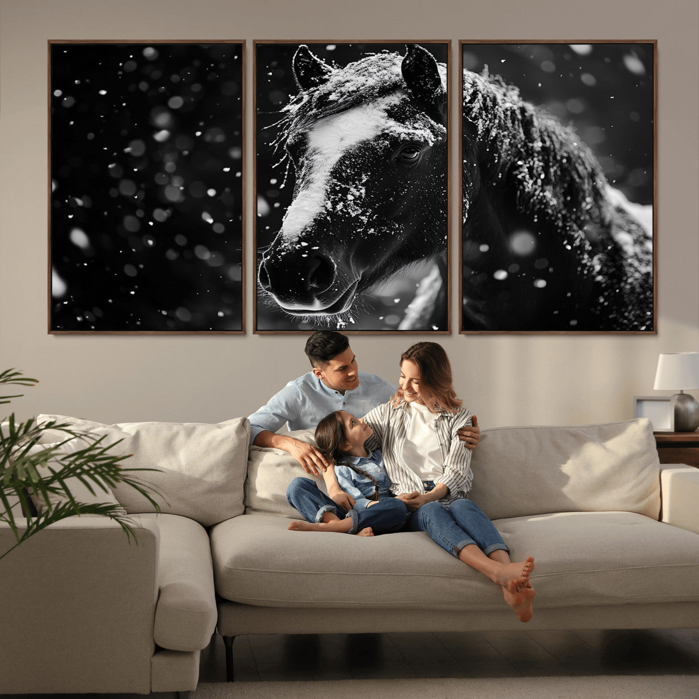 MGV-FC-60X30-3P - Winter Horse Wall Art | Black and White Horse Print | Ready to Hang and Framed | Farmhouse Wall Art