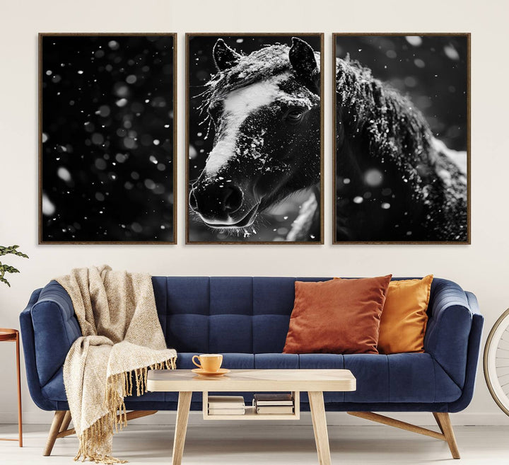 The Winter Horse Wall Art showcases a gentle horse print with snowflakes, ideal for rustic farmhouse or cabin decor.