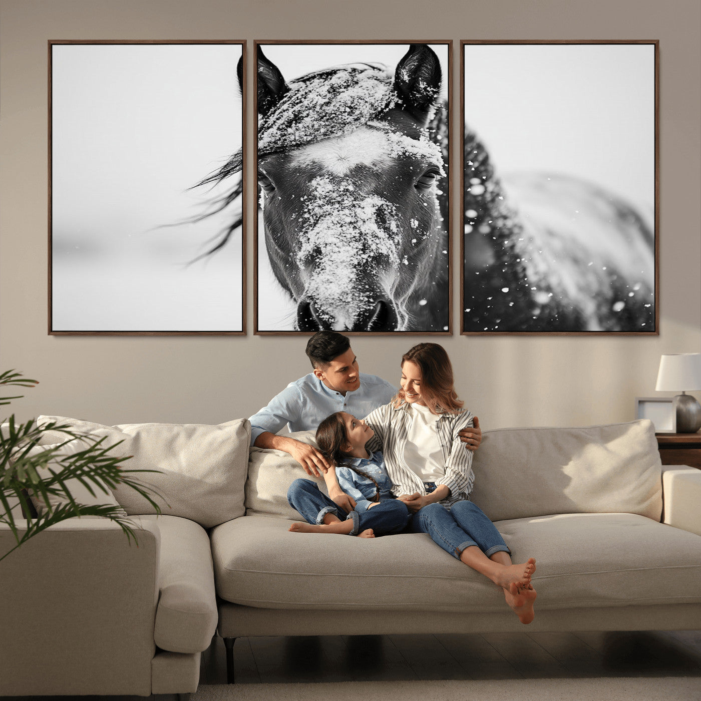 MGV-FC-60X30-3P - Western Wall Art | Black and White Winter Horse Wall Art | Ready to Hang and Framed | Farmhouse and