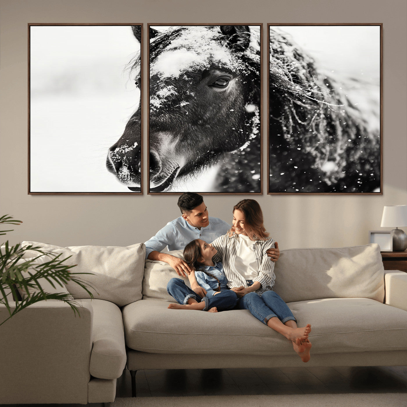 MGV-FC-60X30-3P - Framed Black and White Horse Wall Art | Ready to Hang and Framed | Farmhouse and Western Wall Decor