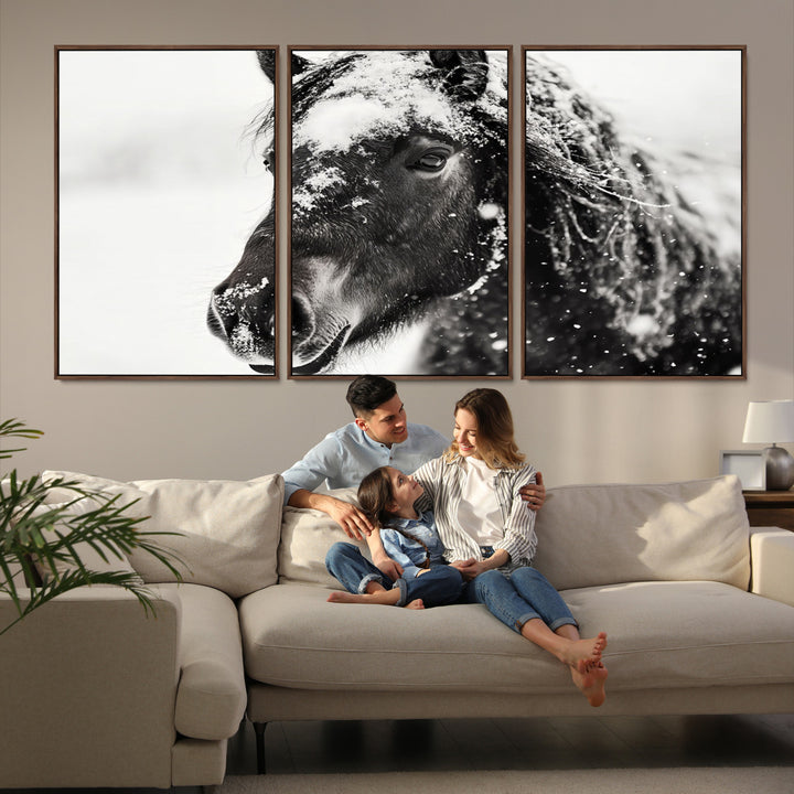 The wall art is a Black and White Horse piece, framed and ready to hang.