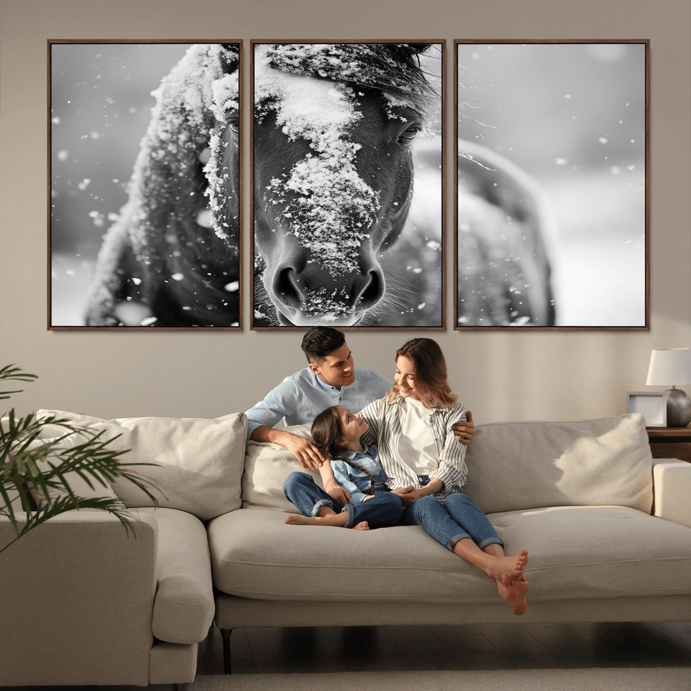 MGV-FC-60X30-3P - Black and White Horse Winter Wall Art | Ready to Hang and Framed | Farmhouse Wall Decor | Western