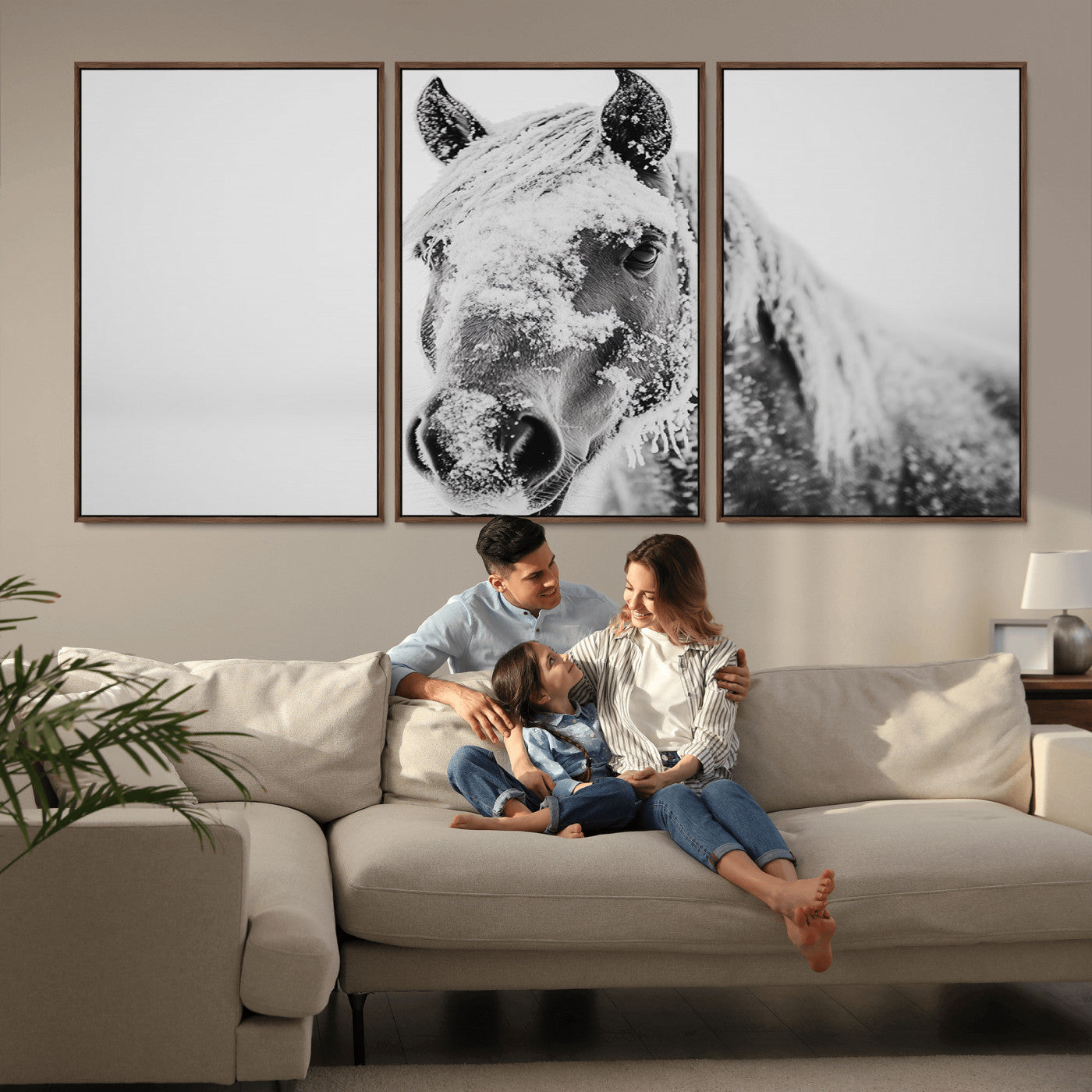 MGV-FC-60X30-3P - White Horse Wall Art | Ready to Hang and Framed | Winter Horse Wall Art Print for Farmhouse and