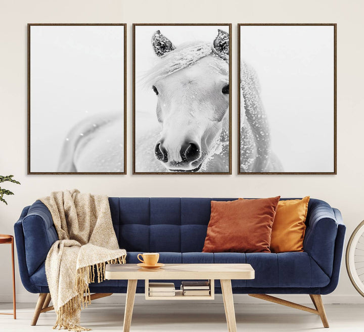 The dining room features the Majestic White Horse Wall Art, adding to its rustic charm.