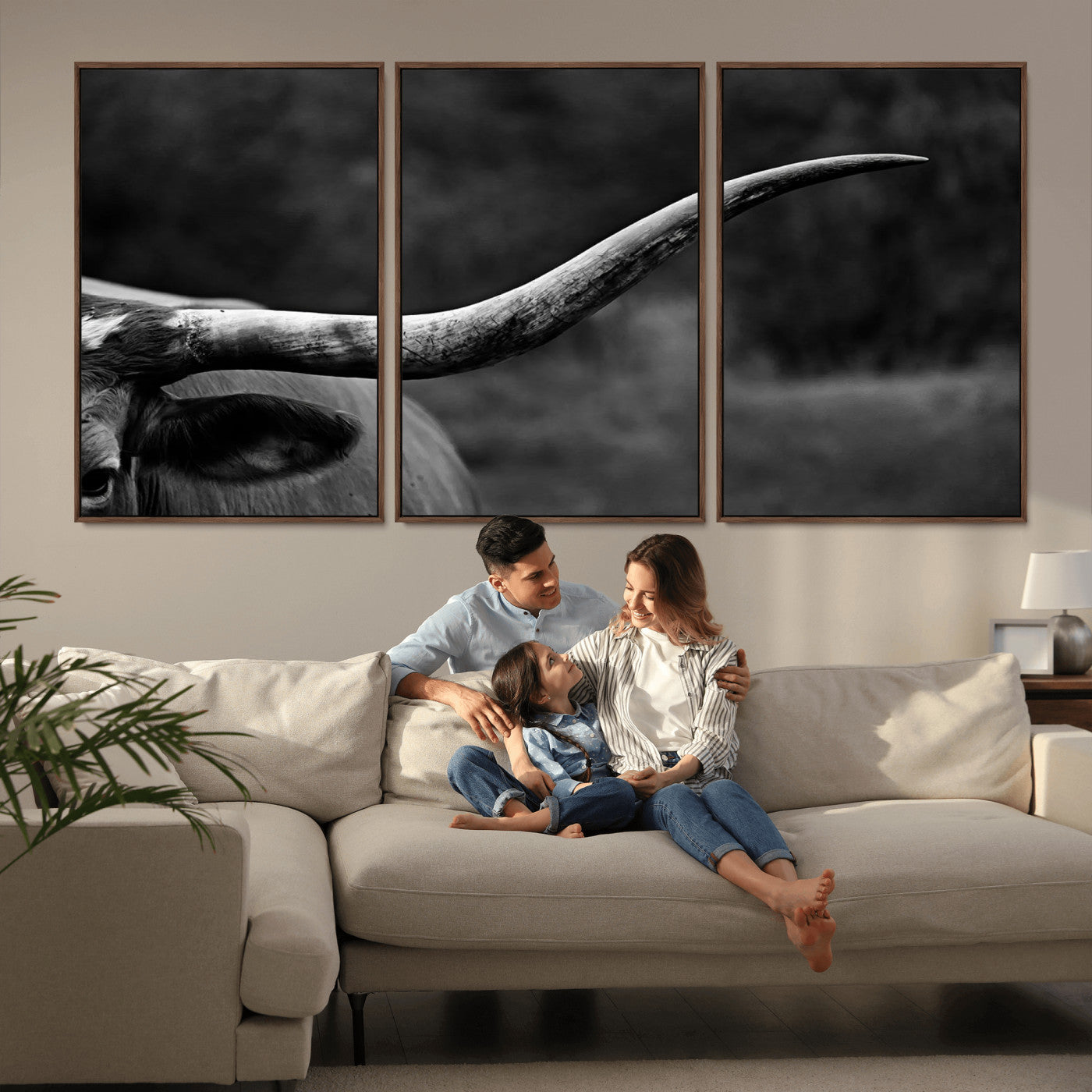 MGV-FC-60X30-3P - Cow Longhorn Wall Art | Black and White Print | Ready to Hang and Framed | Farmhouse Wall Decor |