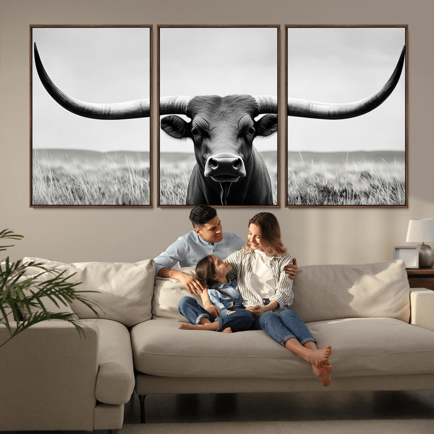 MGV-FC-60X30-3P - Longhorn Bull Canvas Print | Rustic Farmhouse Wall Art | Western Decor | Ready to Hang and Framed