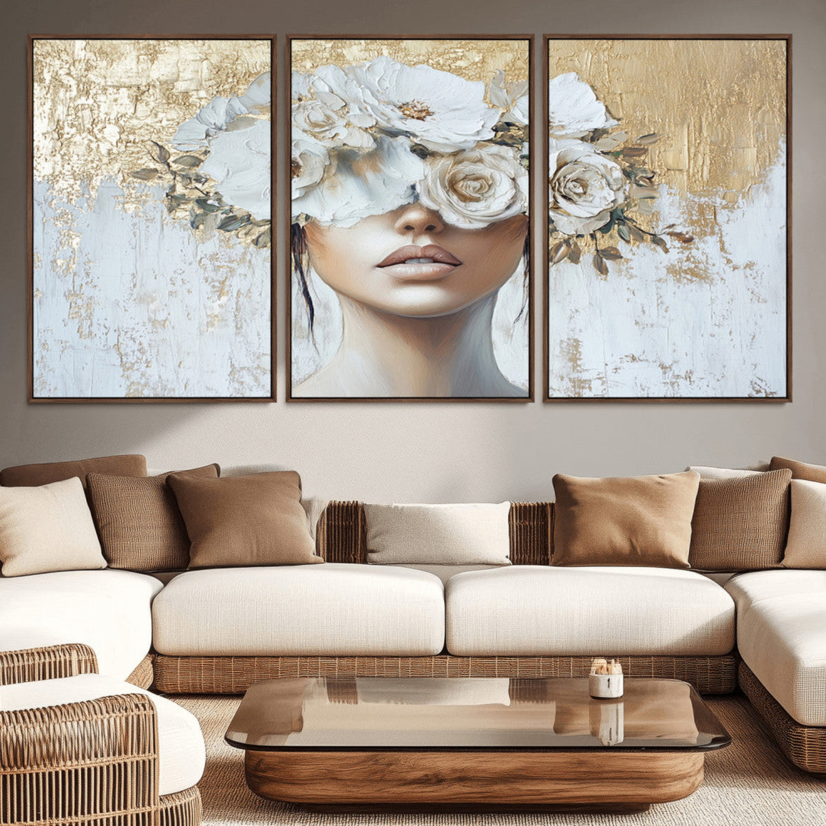 Golden Petal Wall Art - Canvas Print Flower Head Woman Painting Floral ...