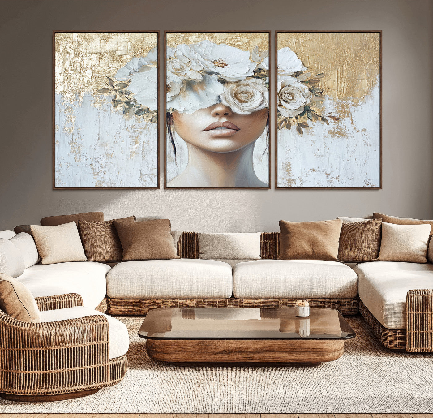 MGV-FC-60X30-3P - Golden Petal Wall Art - Canvas Print Flower Head Woman Painting Floral Woman Portrait Wall Decor,
