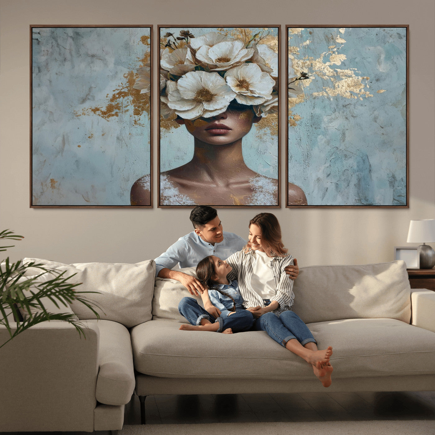 MGV-FC-60X30-3P - Golden Petal Wall Art - Petal Silhouette Woman Wall Art Canvas Print | Large 3-Panel Canvas with