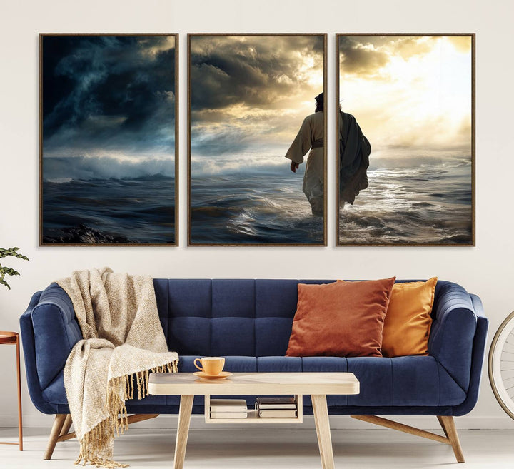 A dramatic sky serves as the backdrop for the Jesus Walking on Water wall art, a perfect piece for Christian home decor.