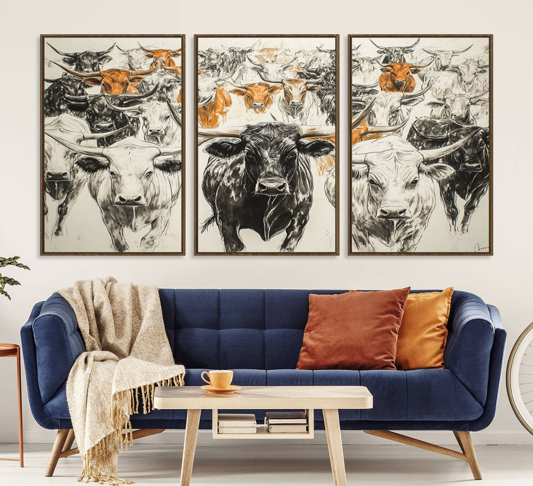 Texas Longhorn Wall Art canvas features cattle artwork with an abstract design, perfect for farmhouse decor on a porch.