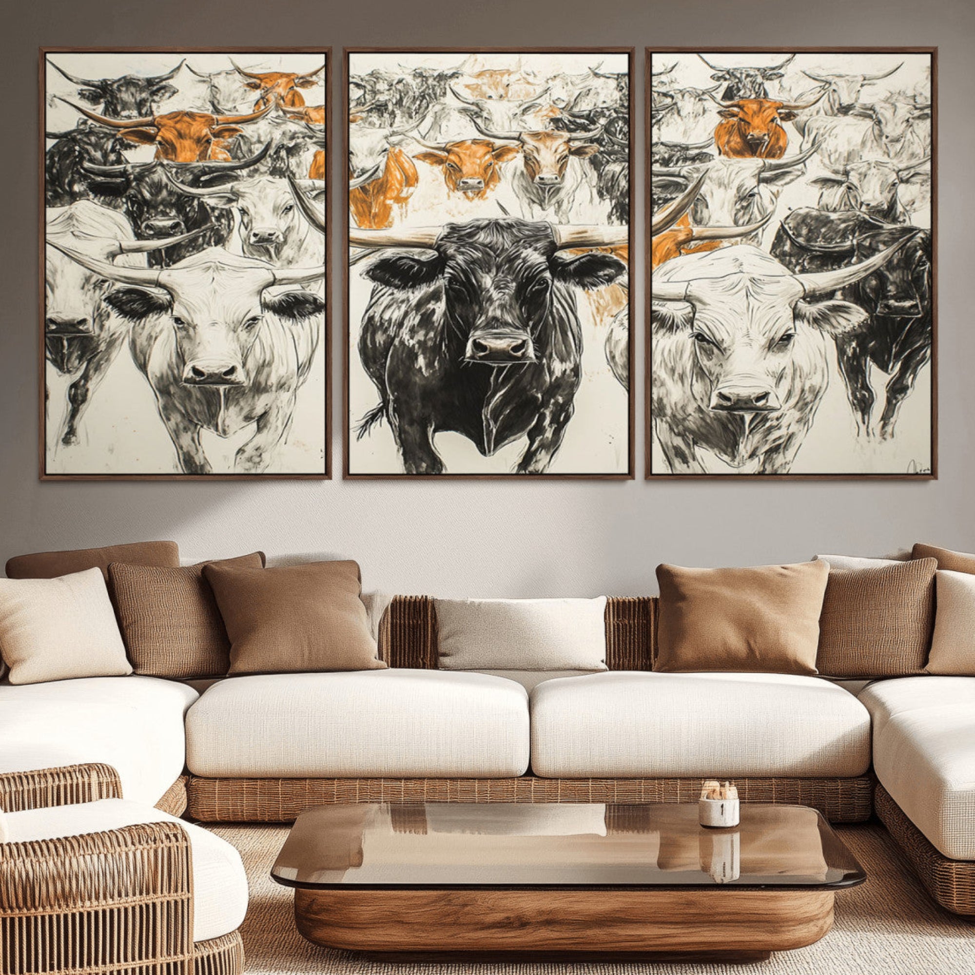 -Texas Longhorn Wall Art - Herd Canvas Wall Art Print - Abstract Cow Drawing Wall Art Print for