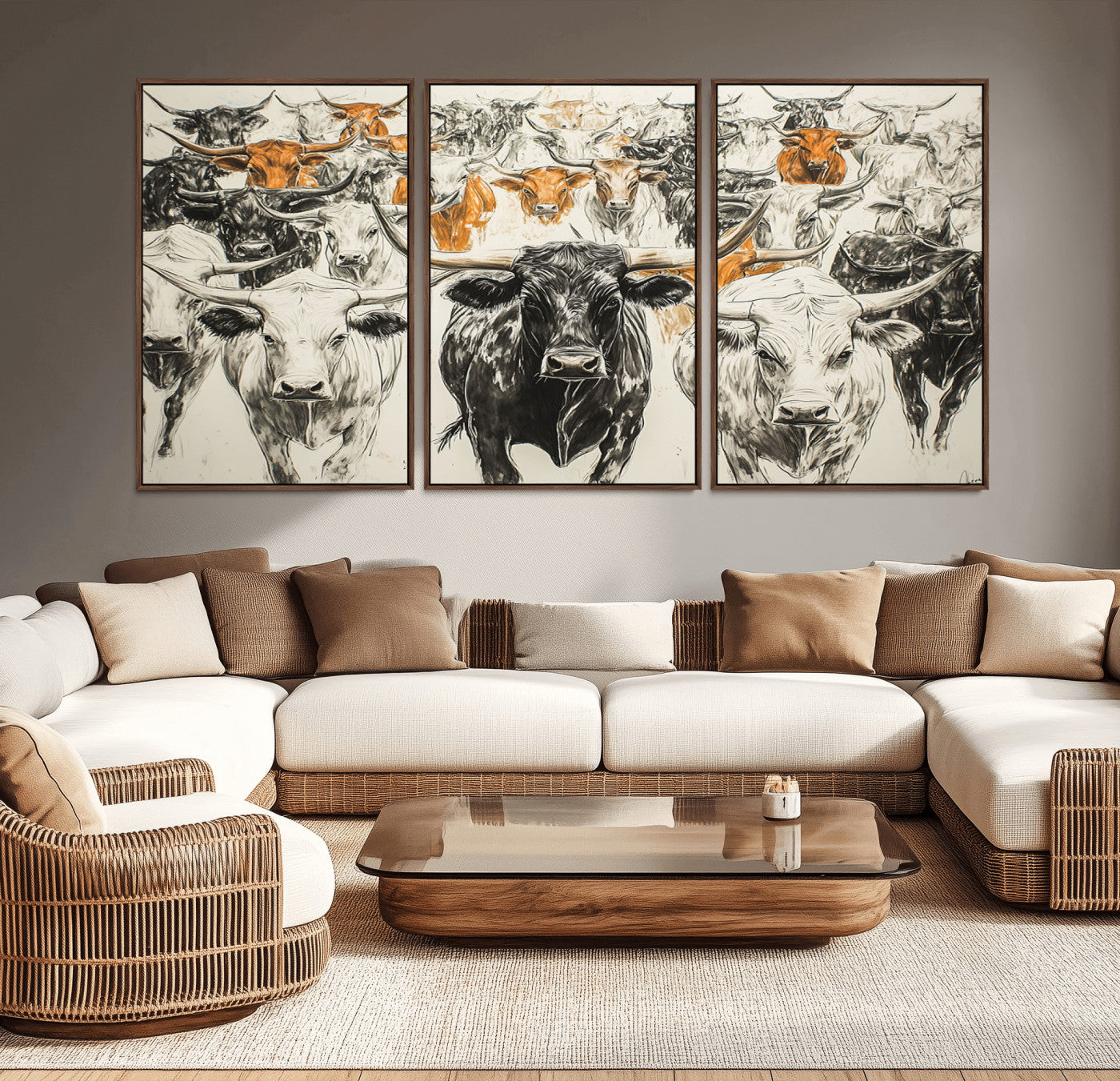 MGV-FC-60X30-3P - Farmhouse Wall Art | Western Longhorn Cattle Canvas Print | Ready to Hang and Framed Barn Decor