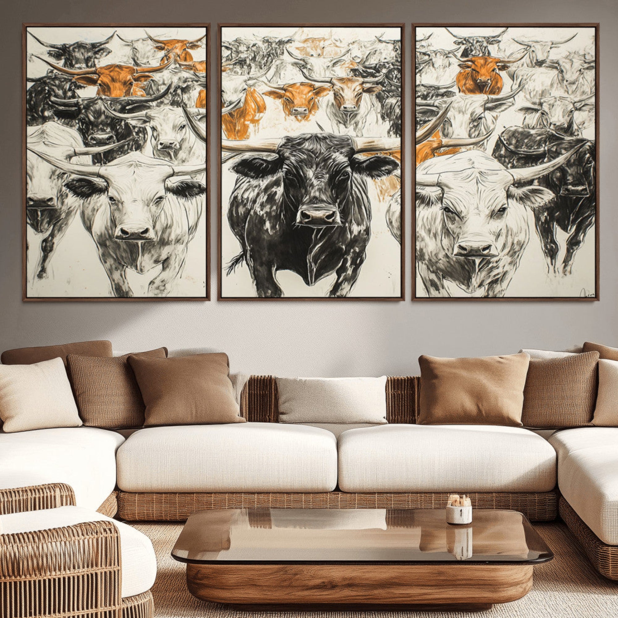 79794-MGV-CV-36X24-Farmhouse Wall Art | Western Longhorn Cattle Canvas Print | Ready to Hang and Framed Barn Decor
