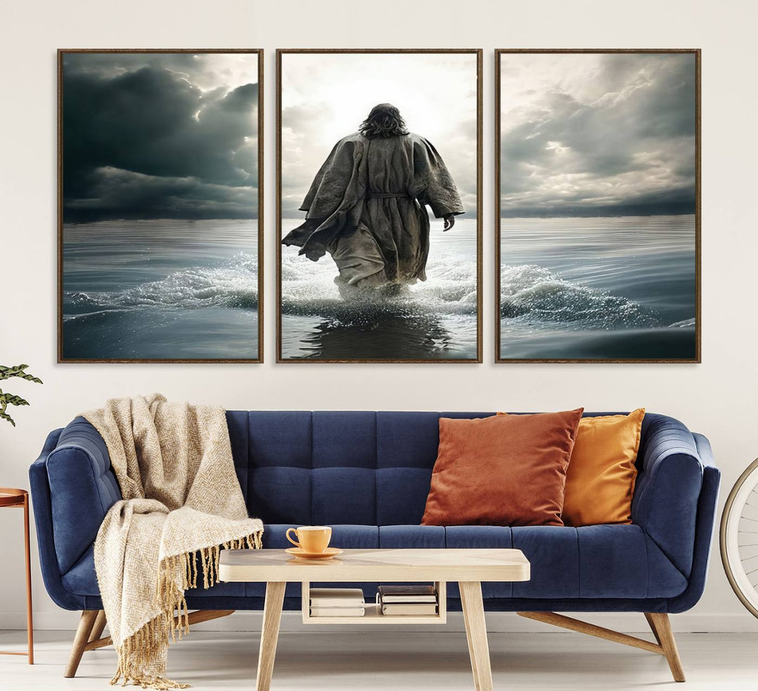 A canvas wall art depicting a figure walking on water beneath dramatic clouds, designed as inspirational religious imagery and ready to hang.