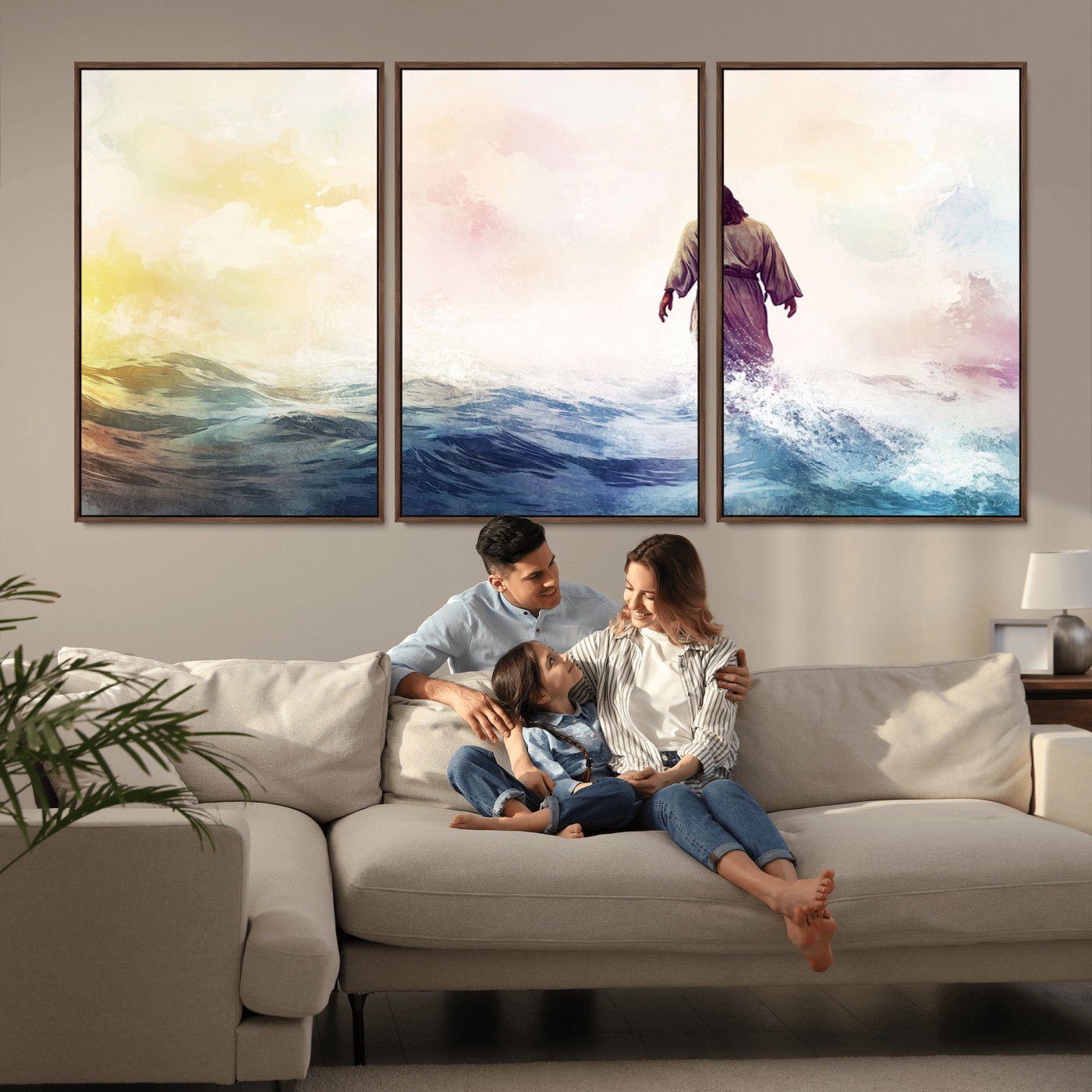 MGV-FC-60X30-3P - Watercolor Jesus Walking on Water Canvas Print, Christian Wall Art, Jesus Christ Walking