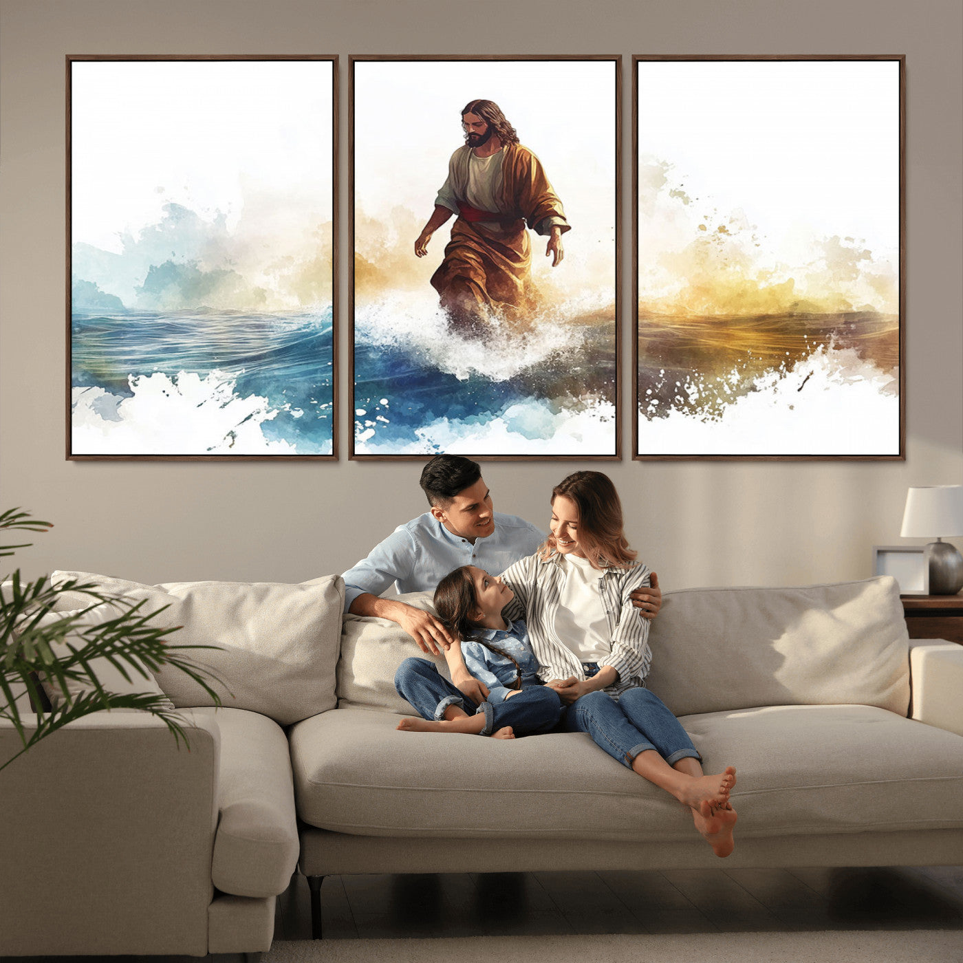 MGV-FC-60X30-3P - Watercolor Jesus Walking Wall Art Print, Jesus Water Canvas Print, Christian Wall Art, Jesus Christ