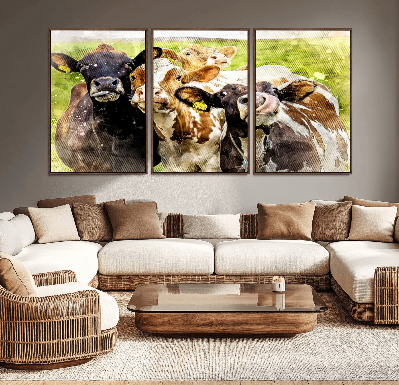 MGV-FC-60X30-3P - Curious Cows Farmhouse Wall Art | Ready to Hang and Framed Canvas Print | Rustic Farm Decor