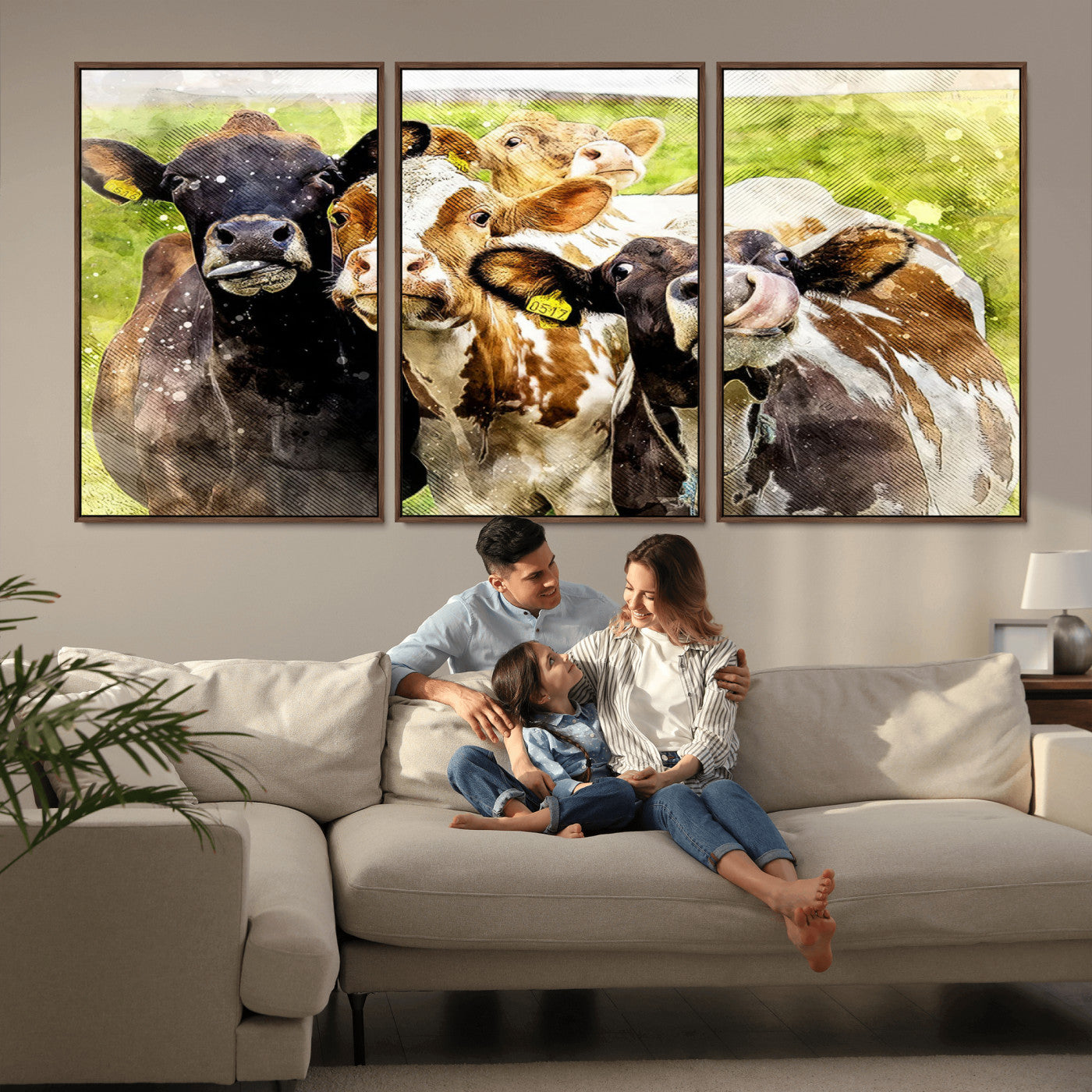 MGV-FC-60X30-3P - Curious Cows Farmhouse Wall Art | Ready to Hang and Framed Canvas Print | Rustic Farm Decor