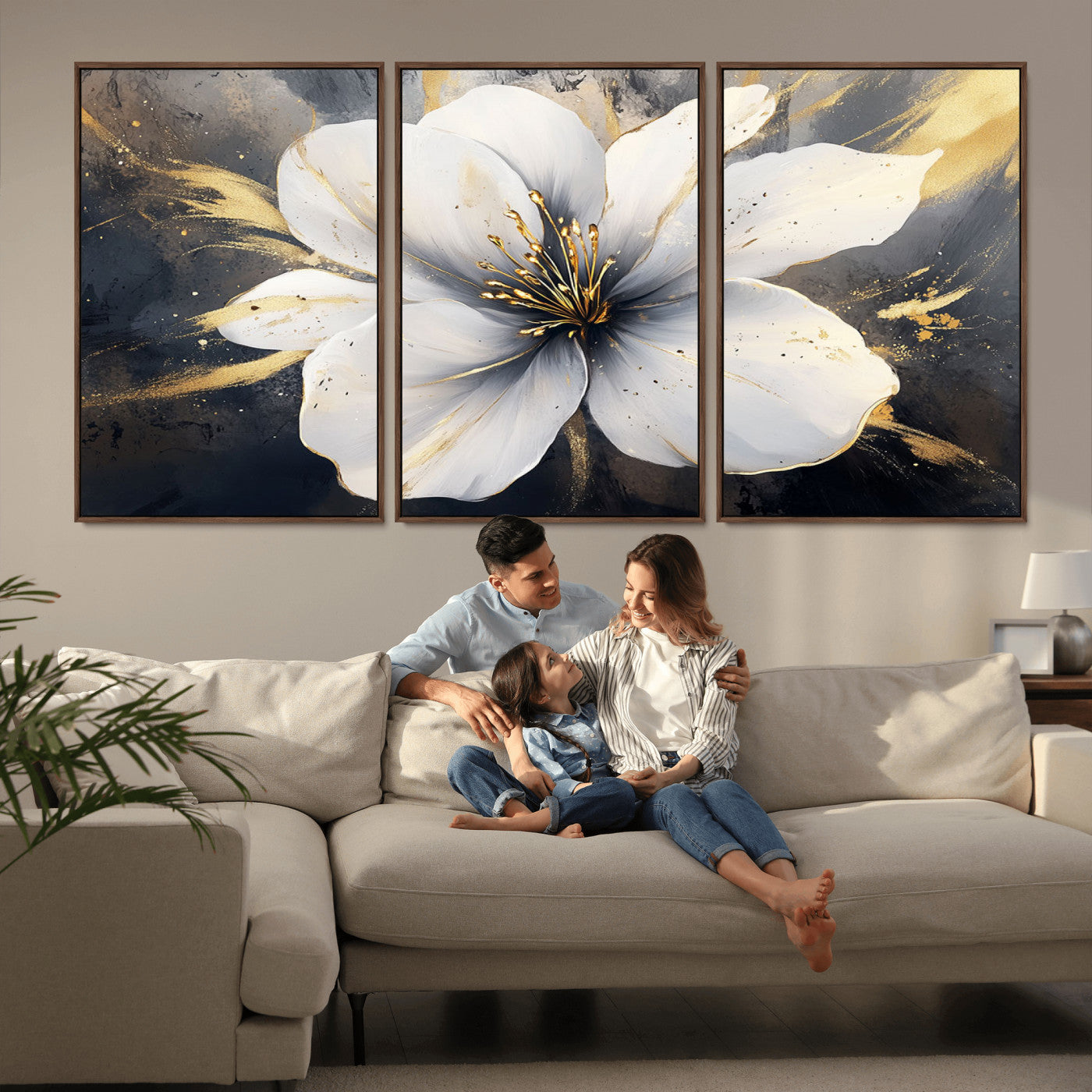 MGV-FC-60X30-3P - White Flower Wall Art Canvas Print | Ready to Hang | Abstract Floral Wall Decor | Elegant Bloom