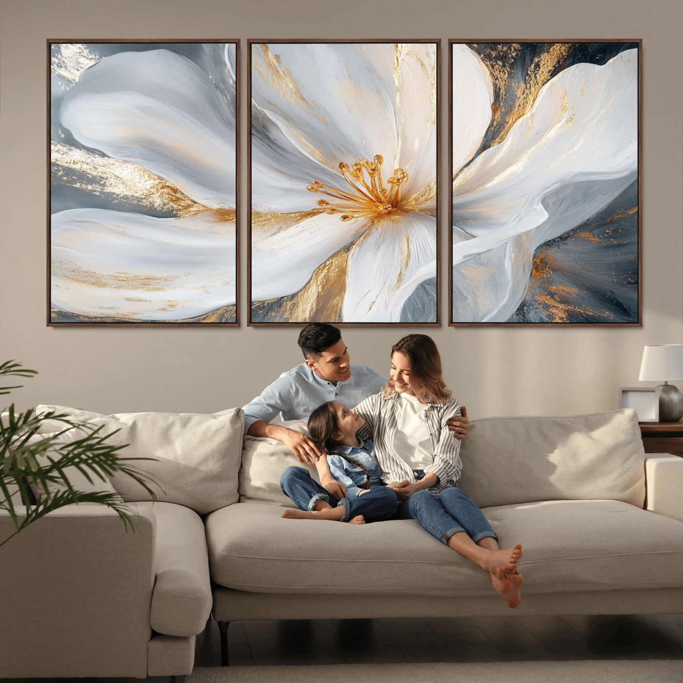 83149-MGV-FC-60X30-3P_Walnut-White and Gold Floral Canvas Wall Art - Framed and Ready to Hang - Perfect for Modern Living Rooms