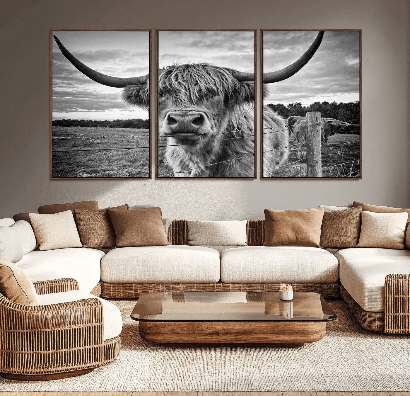 -Scottish Highland Cow Canvas Wall Art Farmhouse Decor, Framed Scottish Highland Cow Print