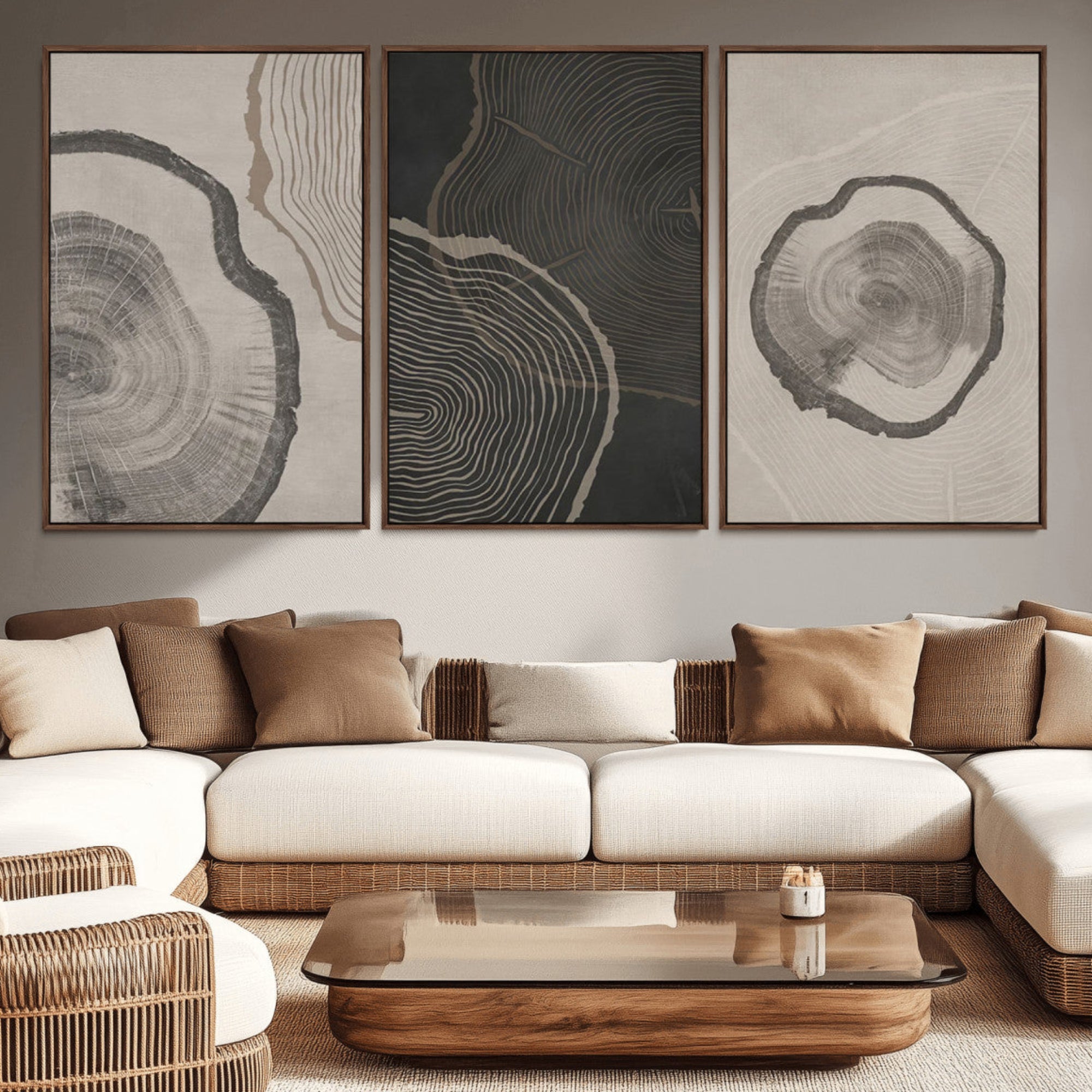 25407-MGV-CV-36X24-Modern Abstract Tree Ring Canvas Art Set | 3 Panel Large Tree Ring Design for Living Room, Office,