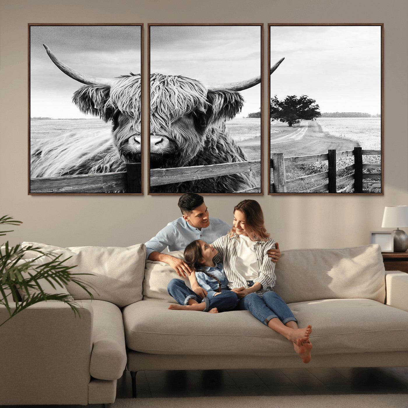 MGV-FC-60X30-3P - Scottish Highland Cow Wall Art | Rustic Farmhouse Décor | Black and White Ready to Hang Canvas Print