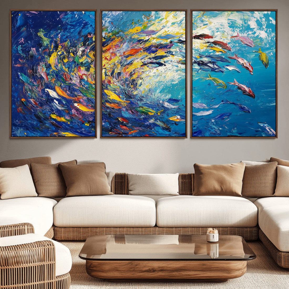 Colorful Swirling Fish School Wall Art Canvas Print | Oceanic Abstract Art
