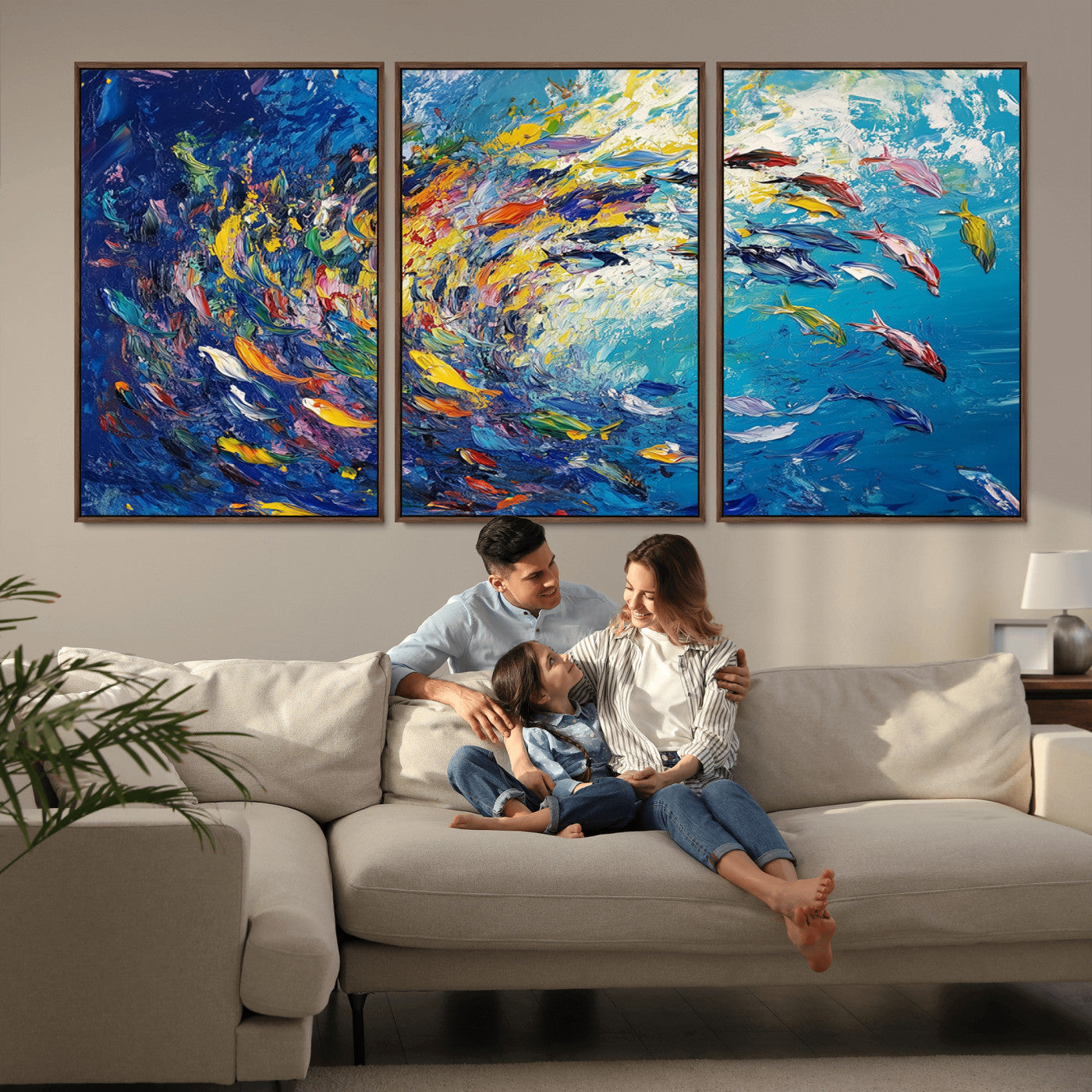 MGV-FC-60X30-3P - Colorful Swirling Fish School Wall Art Canvas Print | Oceanic Abstract Painting | Ready to Hang |