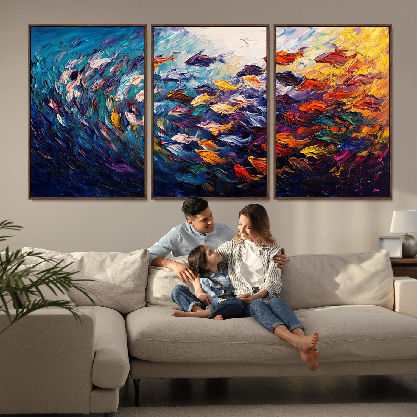MGV-FC-60X30-3P - Vibrant Abstract Fish Swarm Art – Colorful Fish Inspired 3-Piece Canvas Wall Art for Living Room or