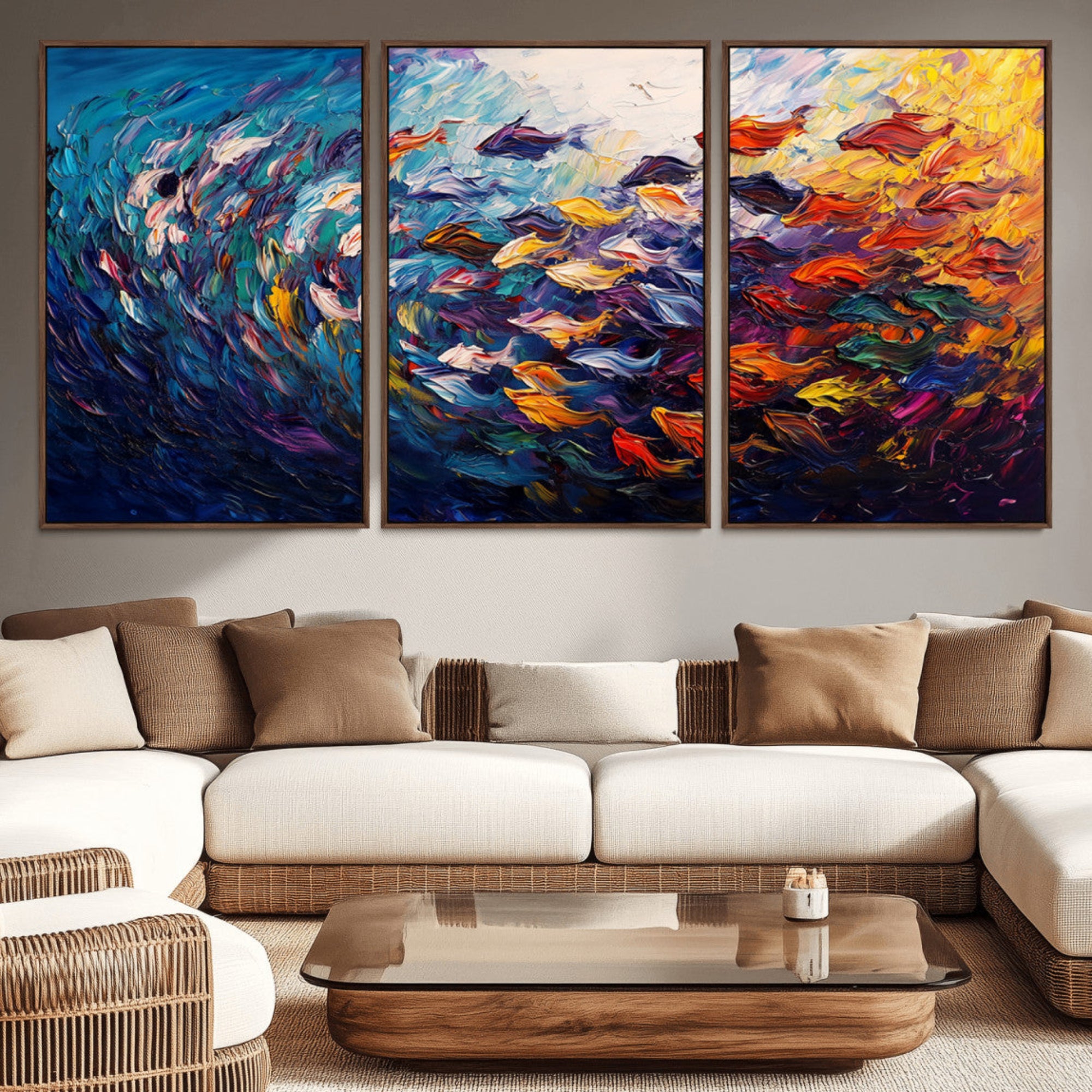 78292-MGV-CV-36X24-Vibrant Abstract Fish Swarm Art – Colorful Fish Inspired 3-Piece Canvas Wall Art for Living Room or