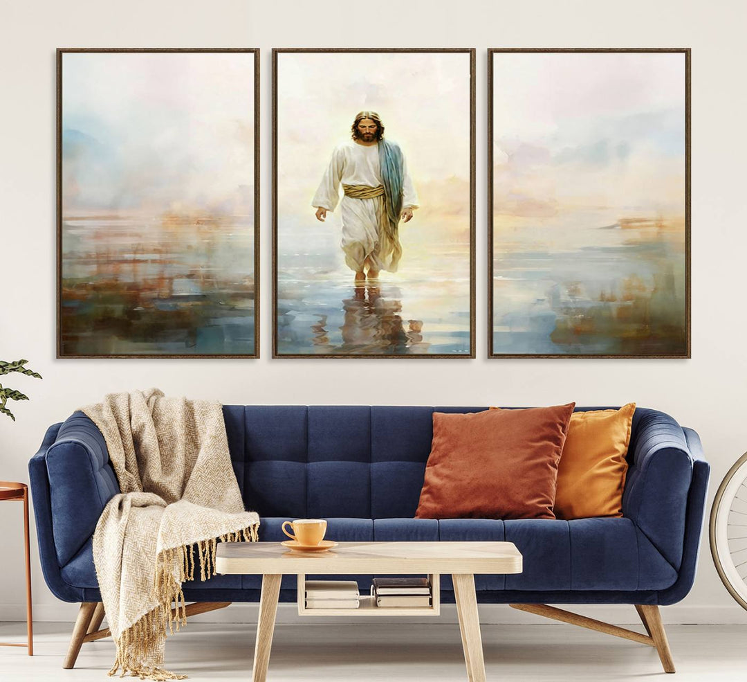 The 3-panel Framed Jesus Walking on Water Wall Art showcases a serene religious scene.