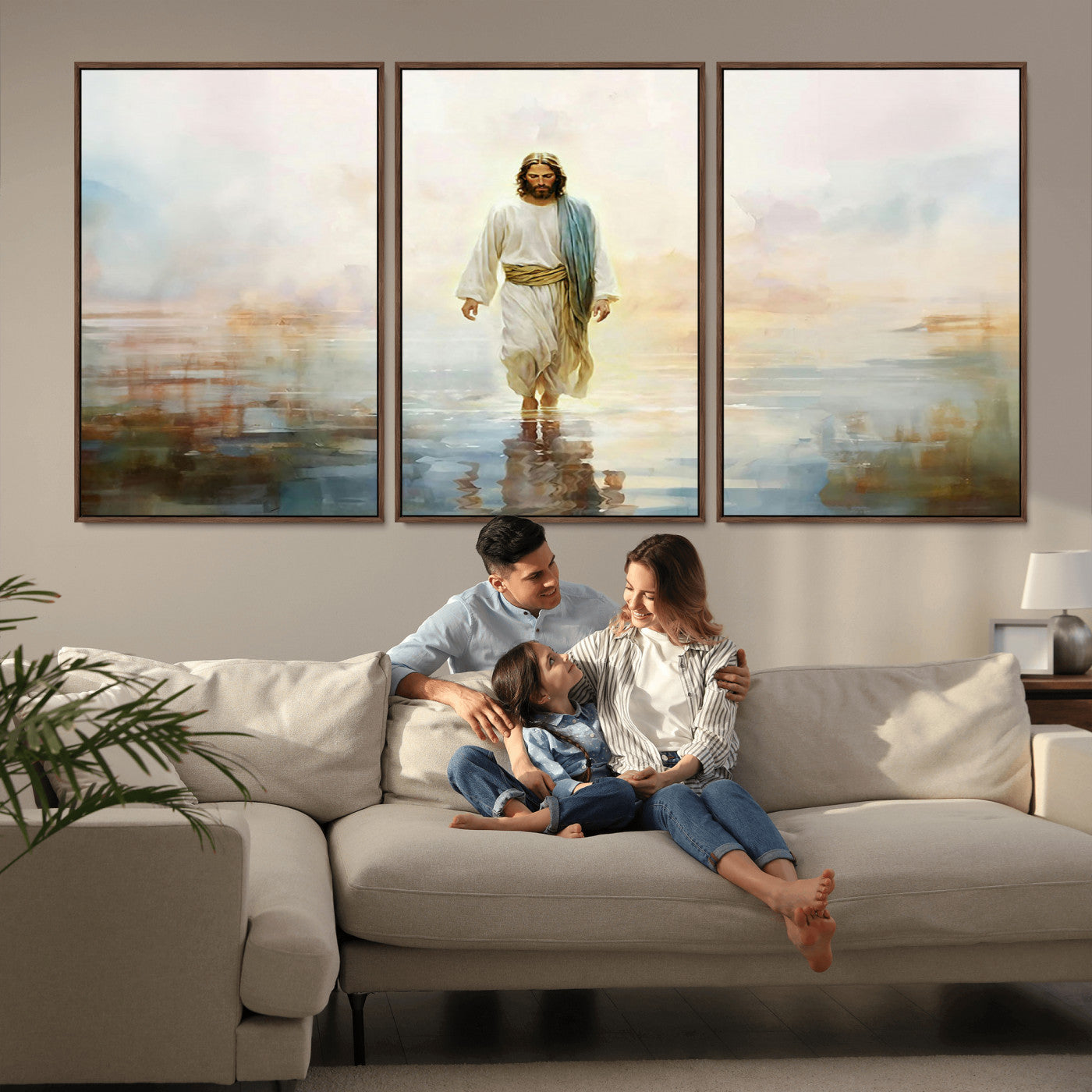 MGV-FC-60X30-3P - Framed Jesus Walking on Water Wall Art - 3-Panel Christian Canvas Prints, Religious Artwork for